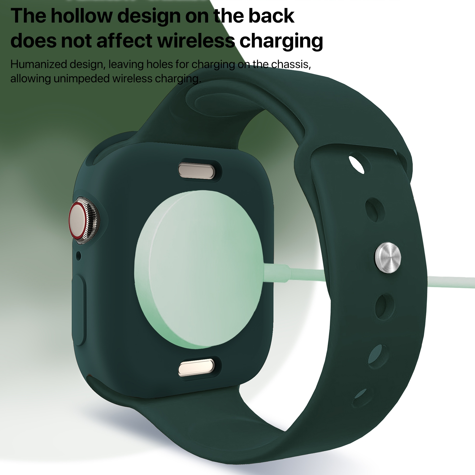Smartwatch verde scuro con caricabatterie wireless sul retro e testo in alto.