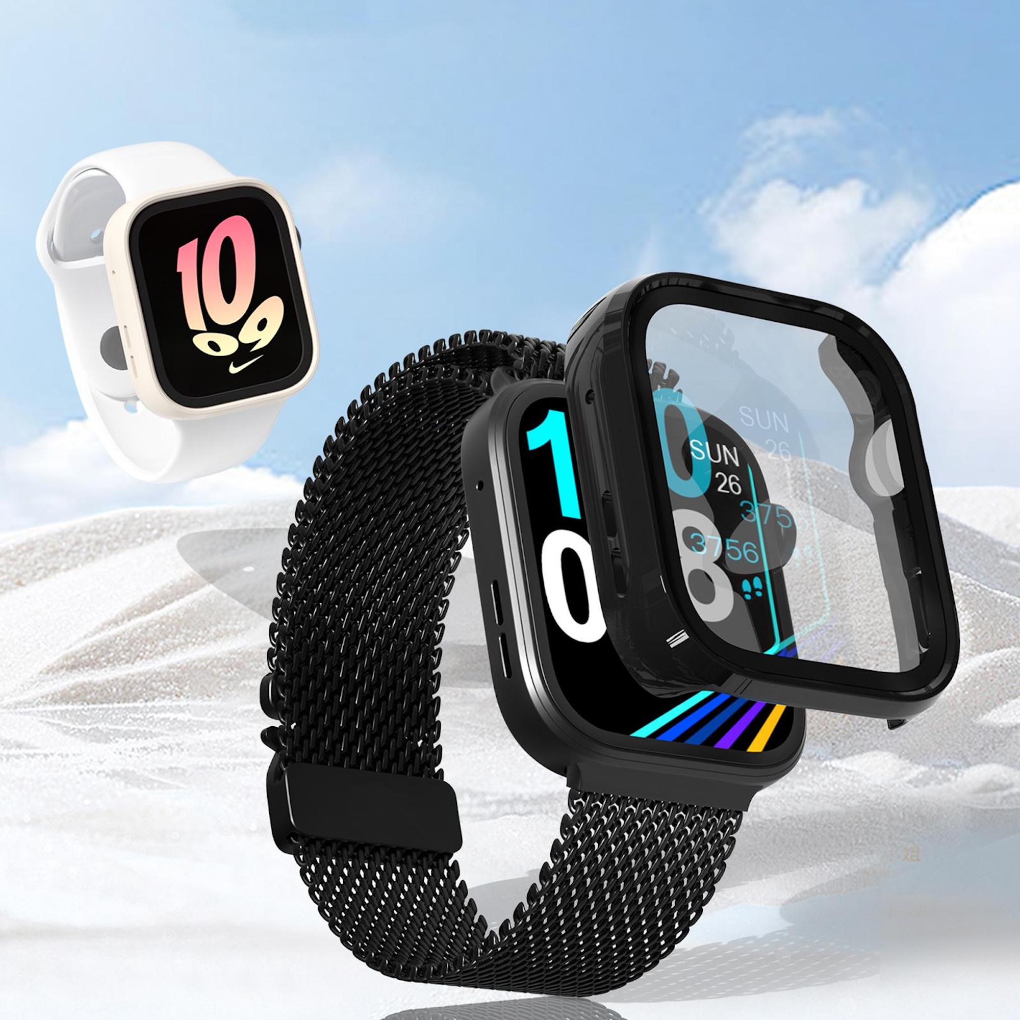 Zwei Smartwatches mit schwarzem und weißem Armband vor weißem Hintergrund mit blauem Himmel.