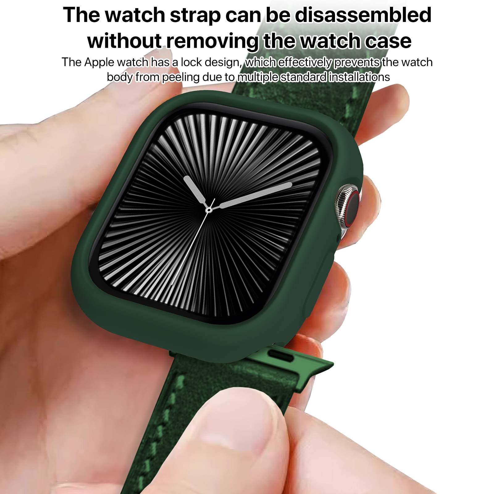 Una mano tiene un Apple Watch verde scuro con cinturino e custodia protettiva abbinati, testo in alto.