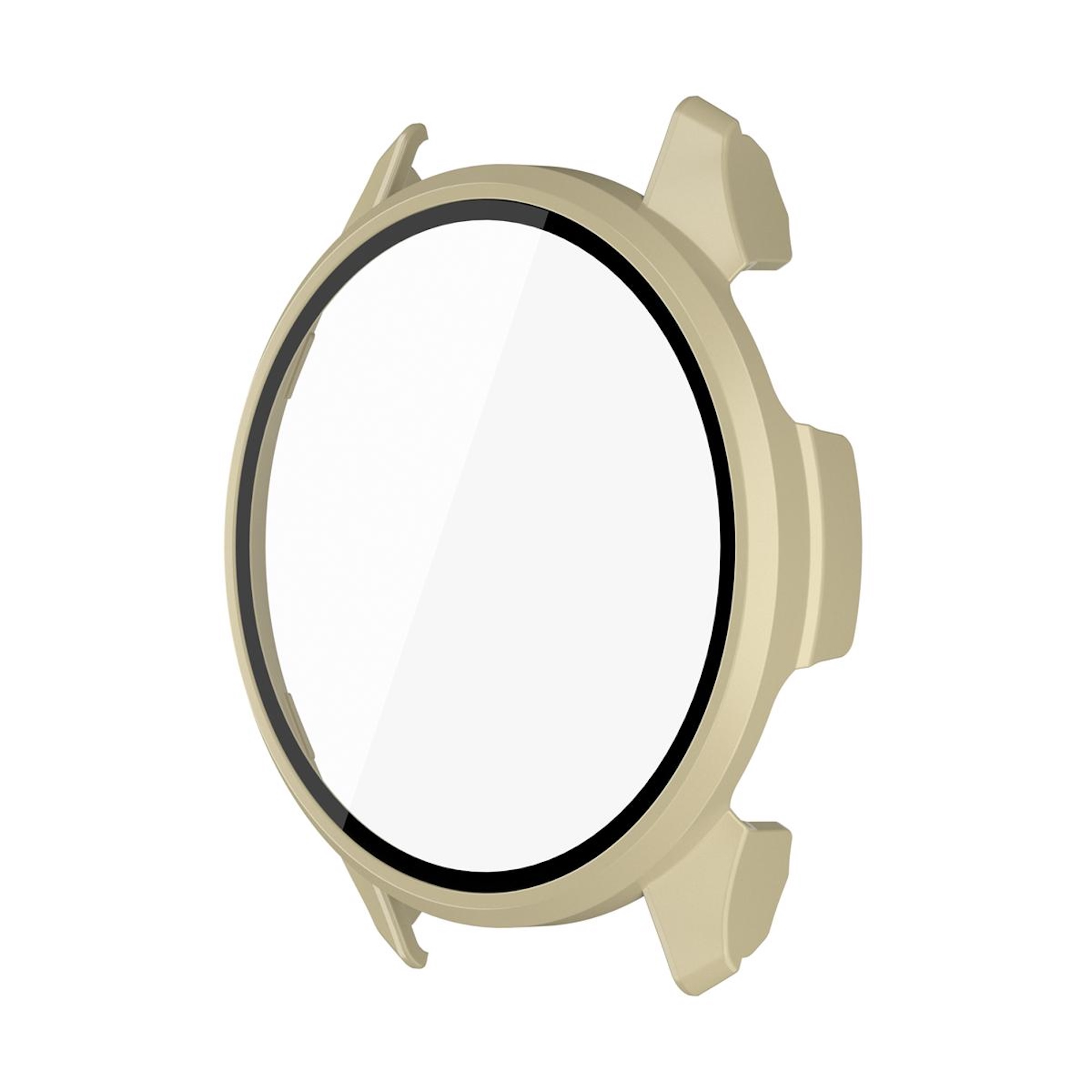 Custodia per smartwatch beige con vetro protettivo e ritagli per pulsanti su sfondo bianco.