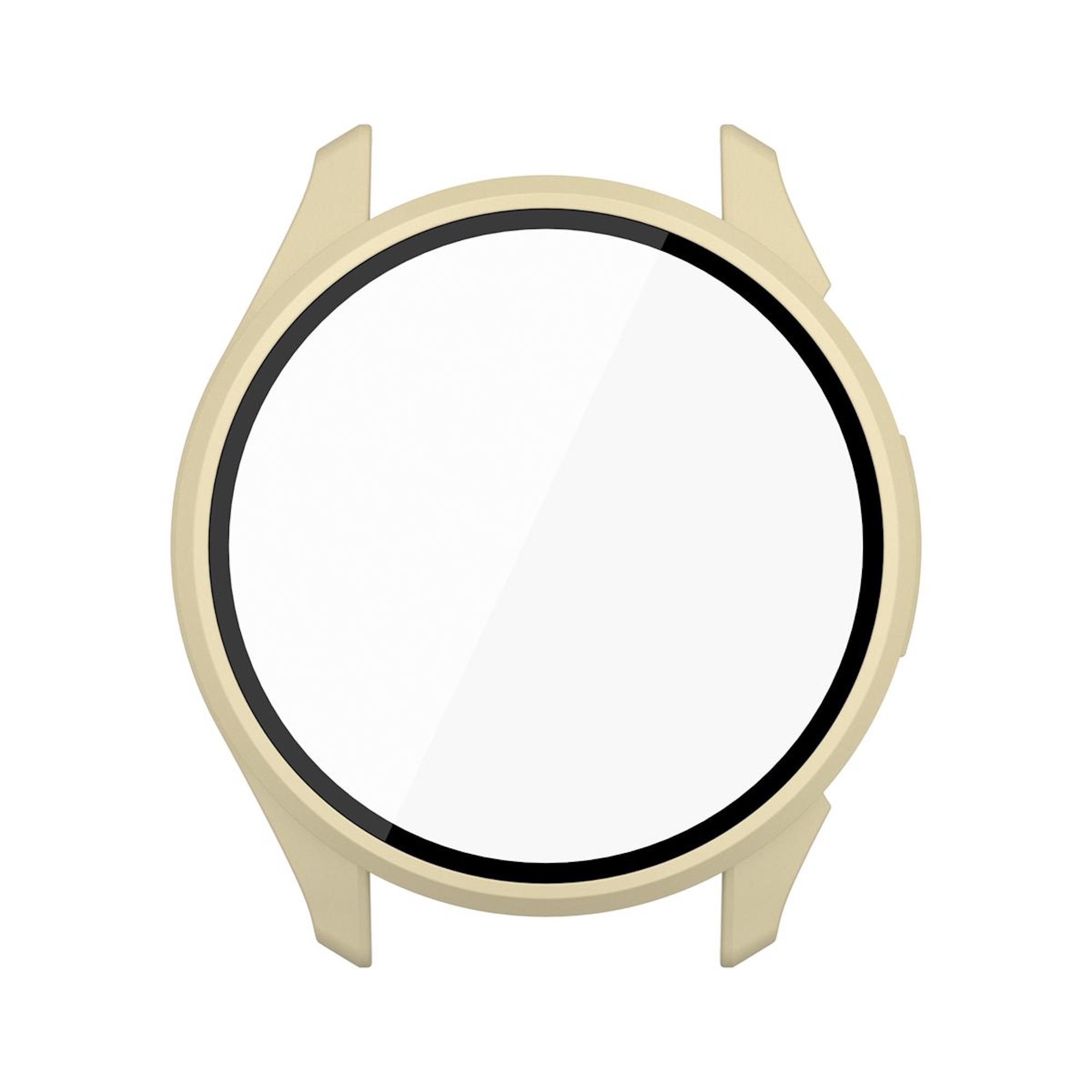 Cassa per smartwatch beige con display rotondo su sfondo bianco.