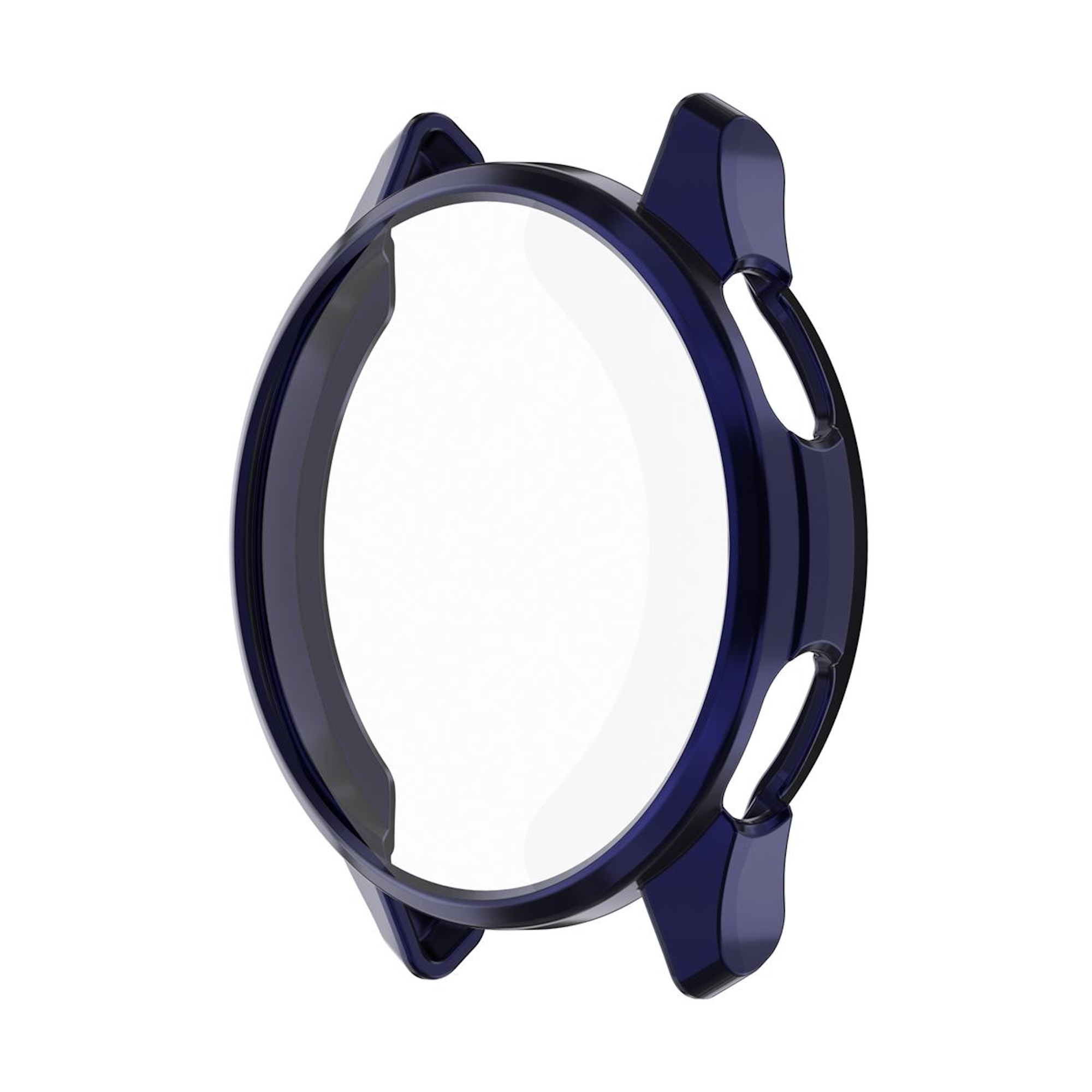 Custodia protettiva blu scuro lucida per smartwatch, isolata su sfondo bianco.