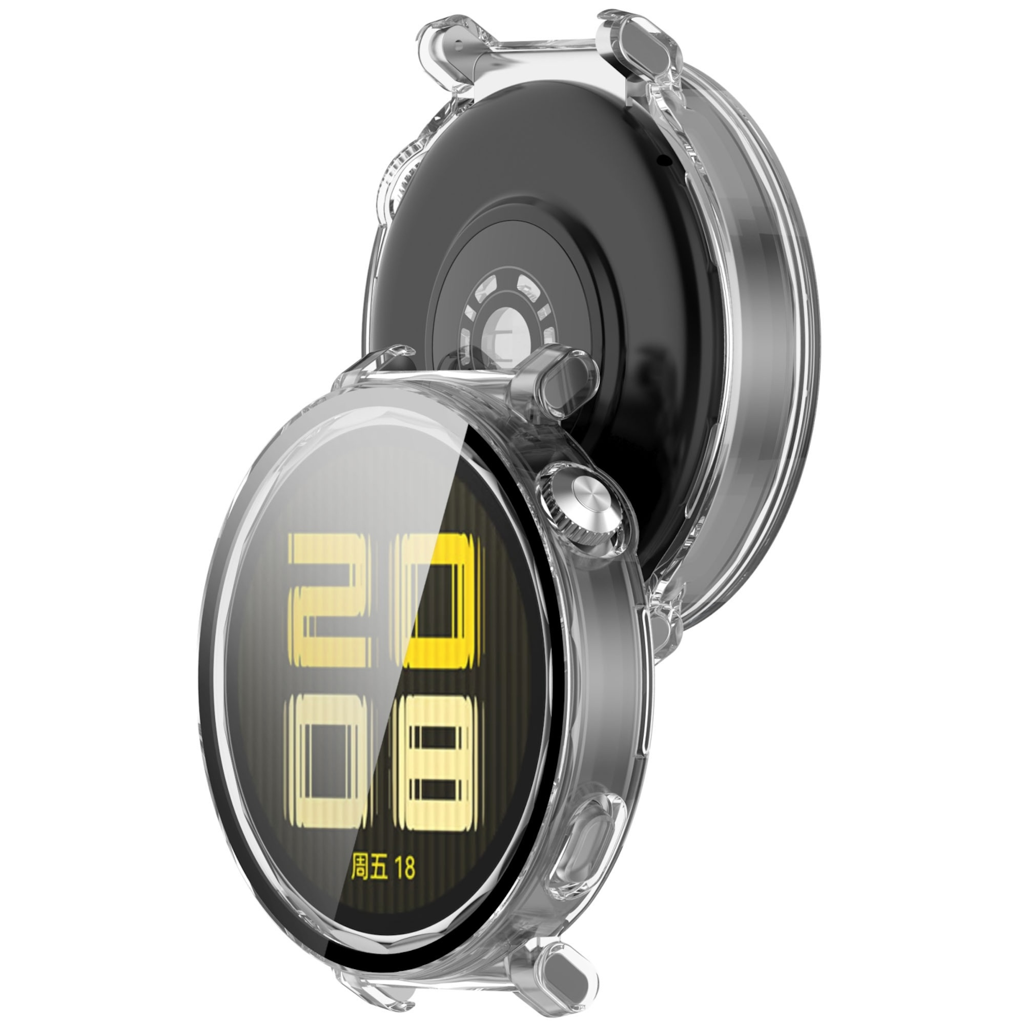 Eine schwarze Smartwatch mit transparentem Schutzgehäuse zeigt die Uhrzeit auf dem beleuchteten Display.