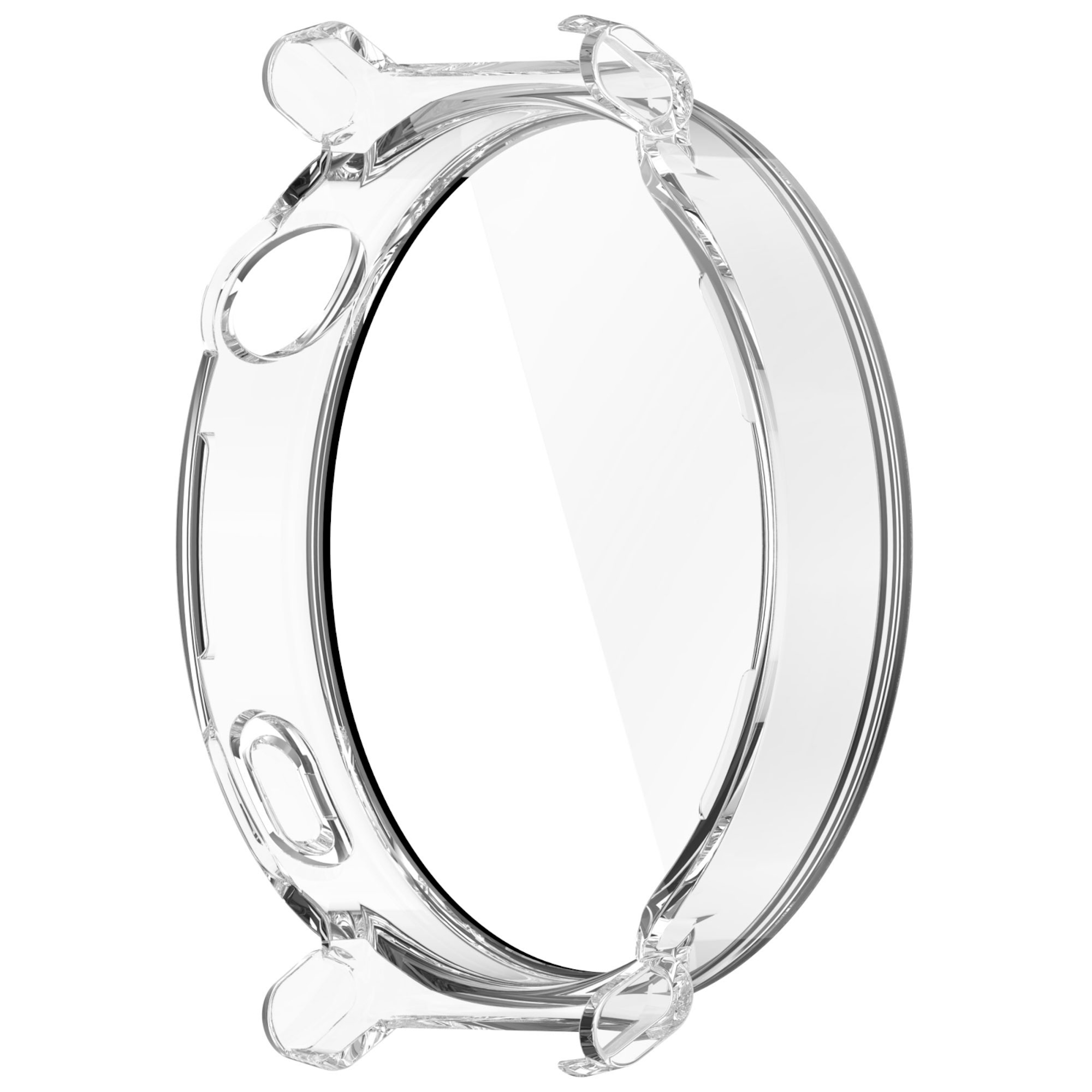 Transparente, schützende Smartwatch-Hülle aus Silikon auf weißem Hintergrund.