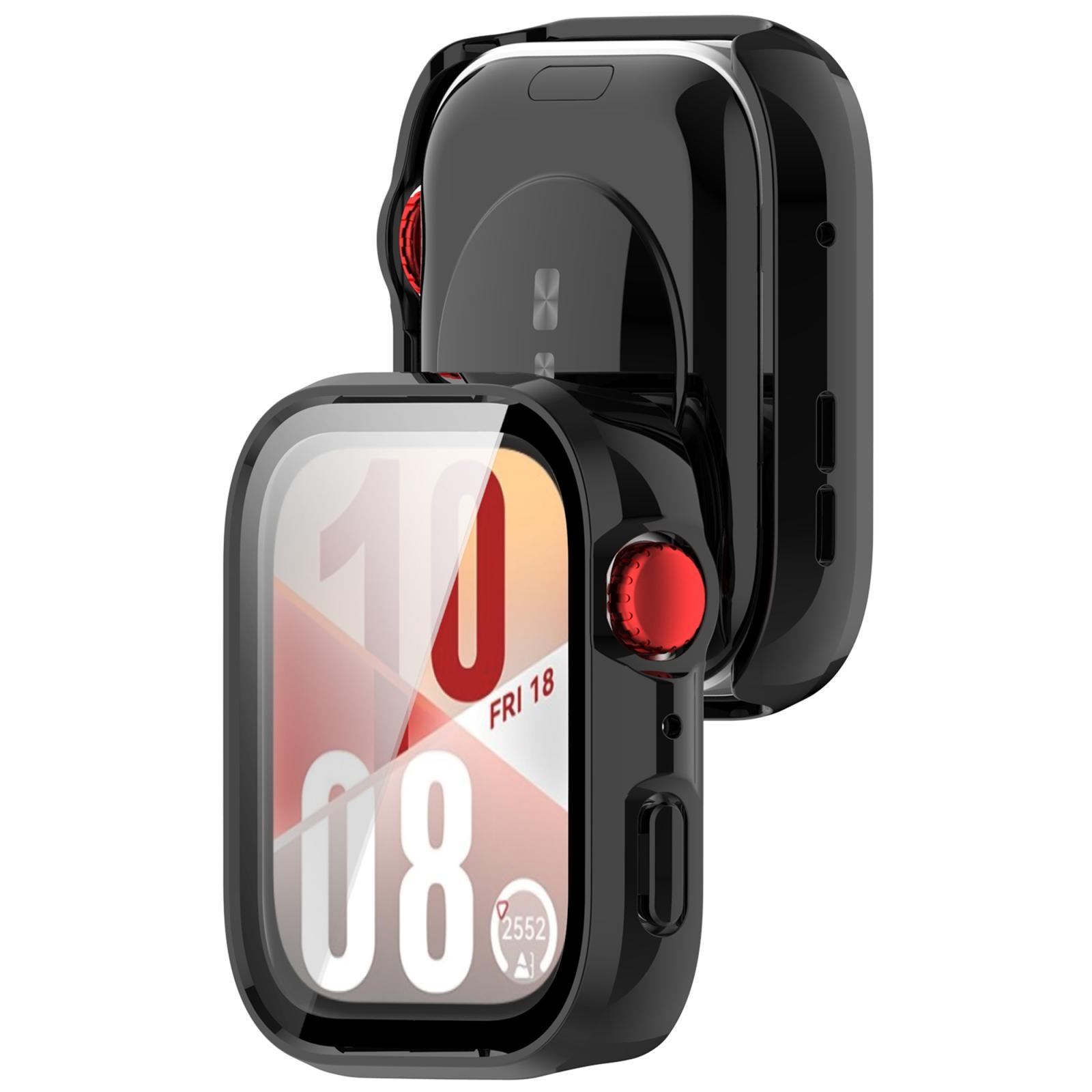 Zwei schwarze Apple Watch Gehäuseschutzhüllen auf weißem Hintergrund, eine zeigt das Zifferblatt.