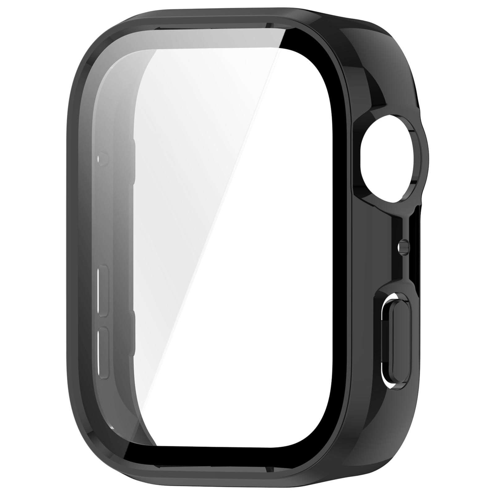Schwarze Smartwatch-Schutzhülle mit integriertem Displayschutz auf weißem Hintergrund.