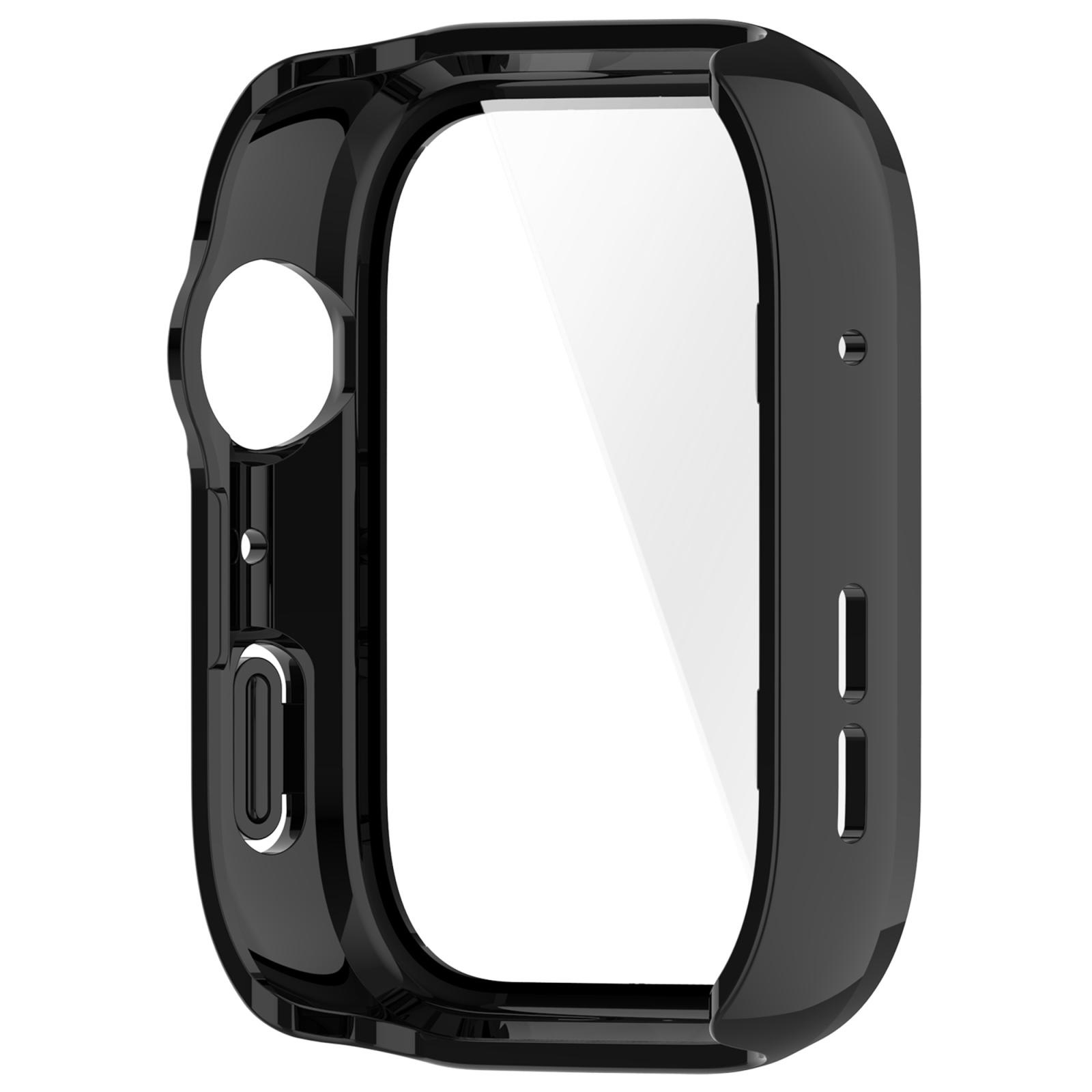 Eine glänzende schwarze Schutzhülle für eine Smartwatch mit integrierter Bildschirmschutzfolie.