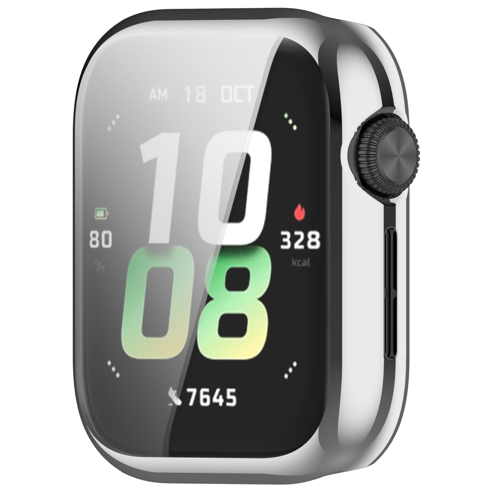 Smartwatch argento con display digitale che mostra ora, data, batteria e calorie.
