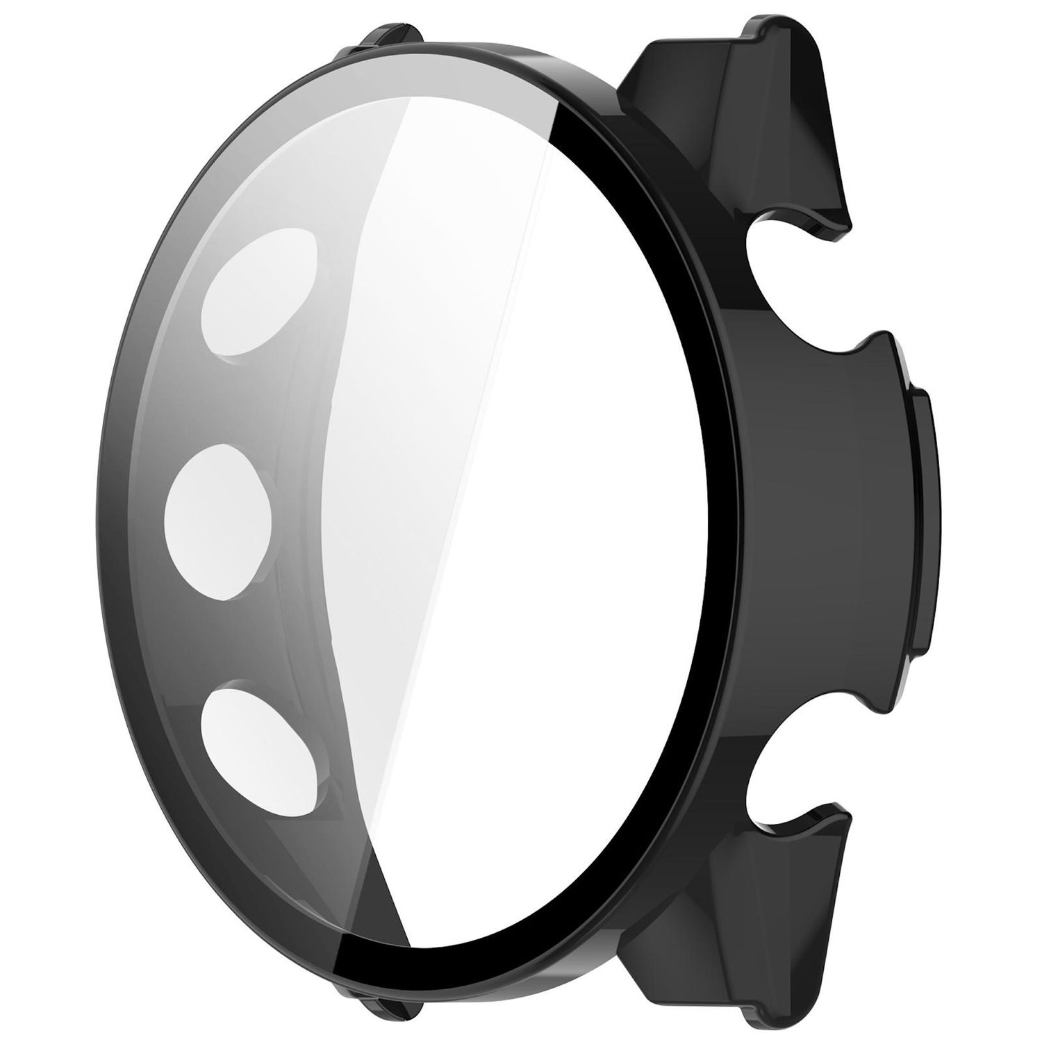 Eine schwarze Schutzhülle für eine Smartwatch mit transparenter Bildschirmabdeckung auf weißem Hintergrund.