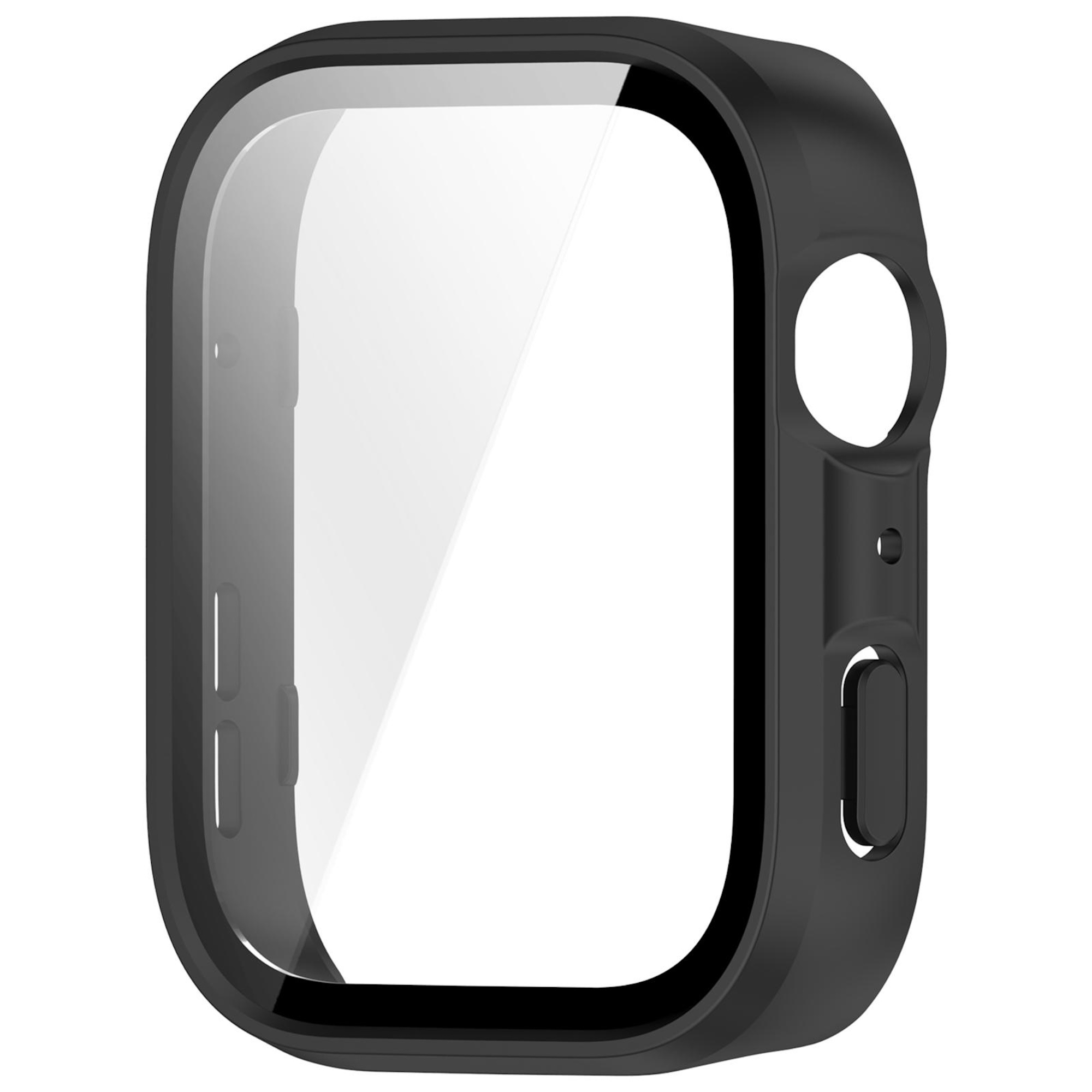 Schwarzes Schutzcase mit integriertem Glas für eine Smartwatch auf weißem Hintergrund.