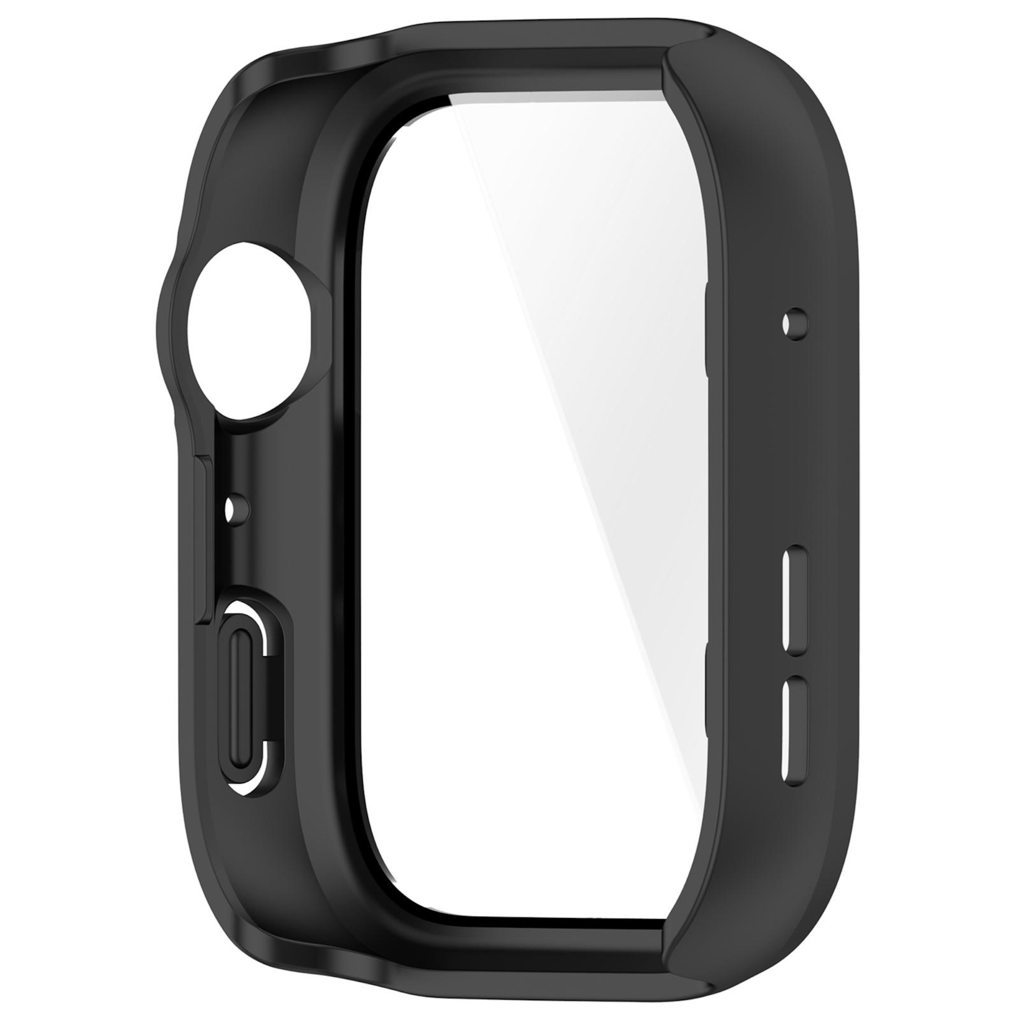 Schwarze Schutzhülle für Smartwatch mit integriertem Displayschutz auf weißem Hintergrund.