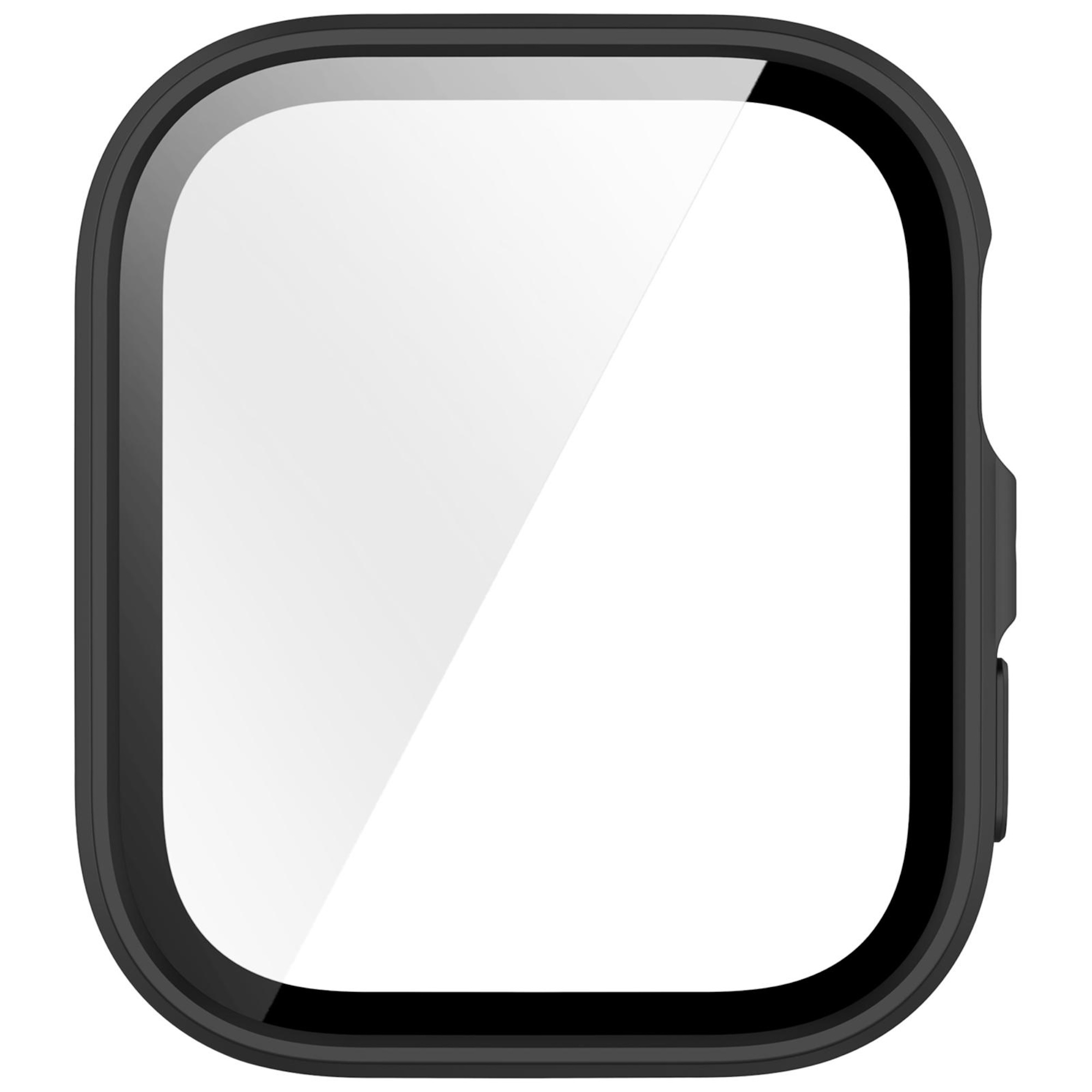 Schwarze Smartwatch-Schutzhülle mit einem blanken, glänzenden Bildschirm auf weißem Hintergrund.