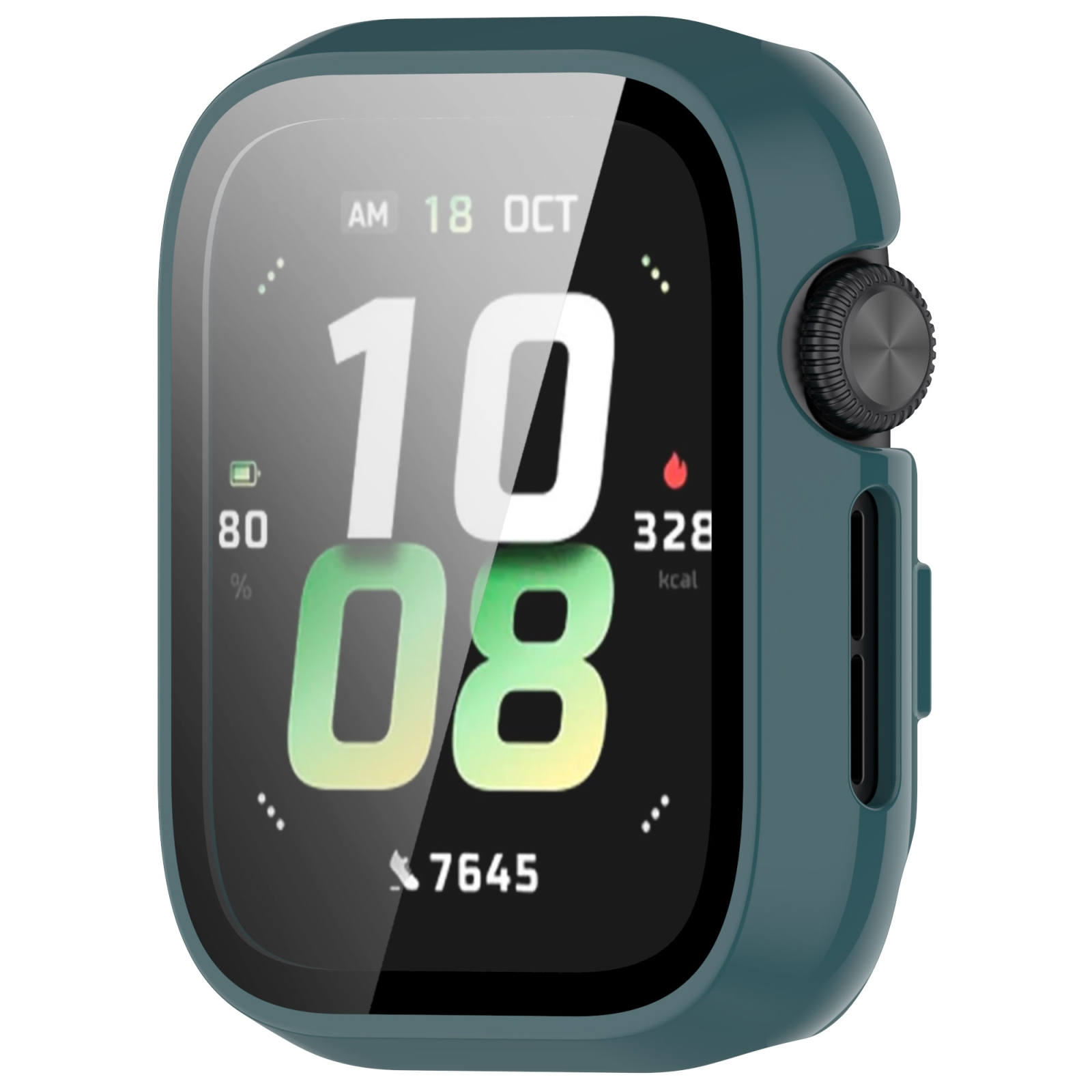 Smartwatch verde scuro con display nero che mostra ora, batteria e passi, su sfondo bianco.