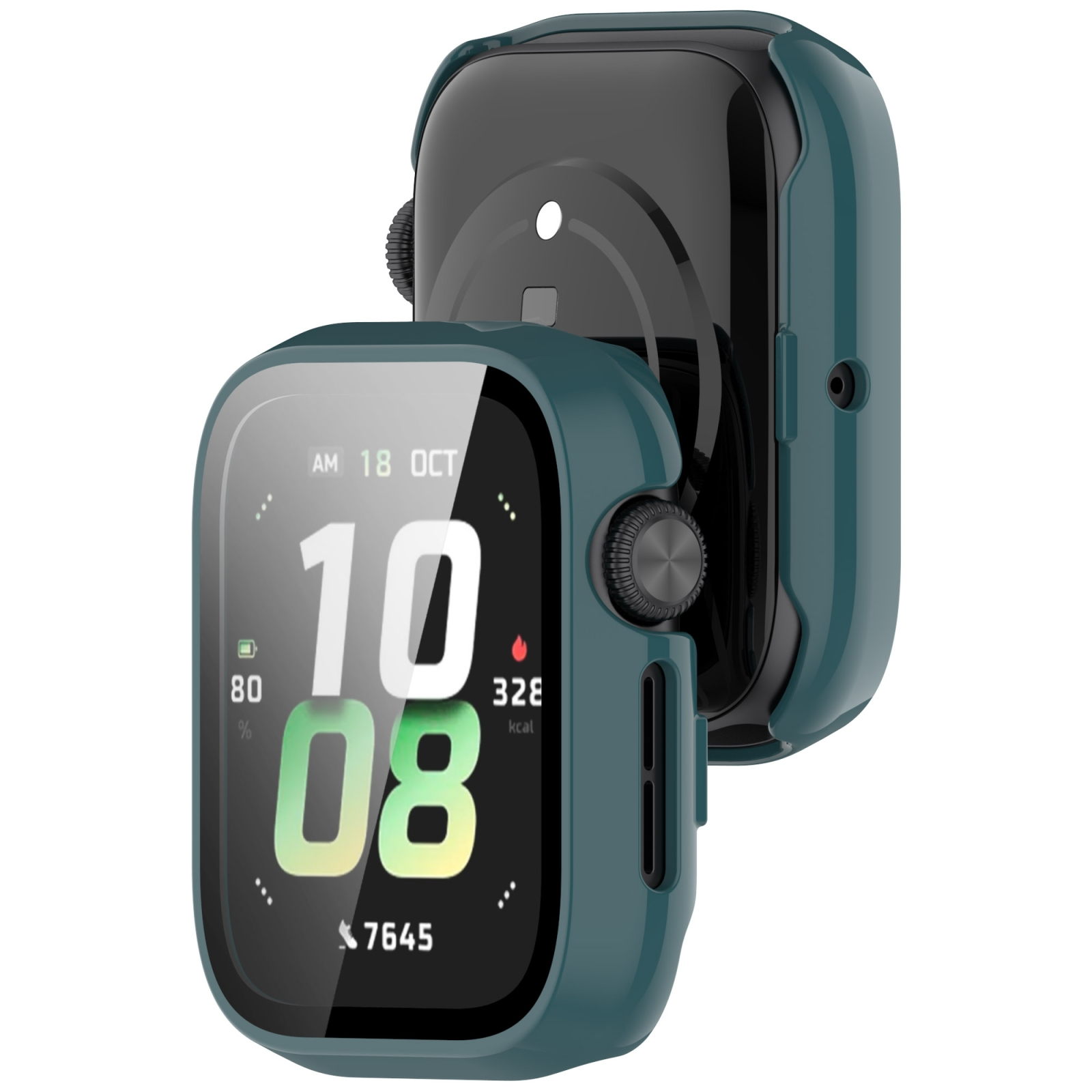 Due viste di uno smartwatch con custodia protettiva verde scuro e quadrante digitale su sfondo bianco.