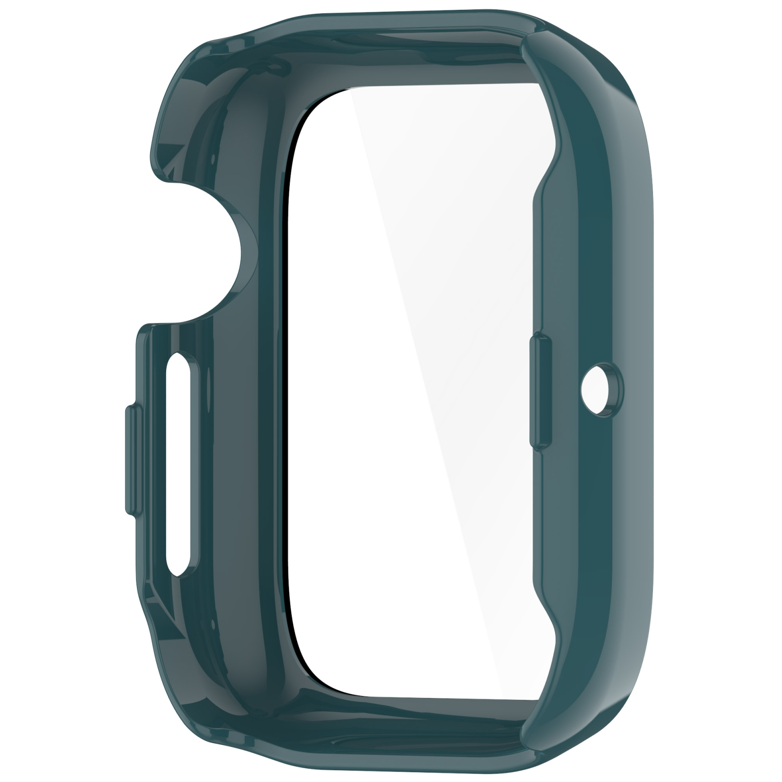 Una custodia protettiva verde scuro per smartwatch su sfondo bianco.