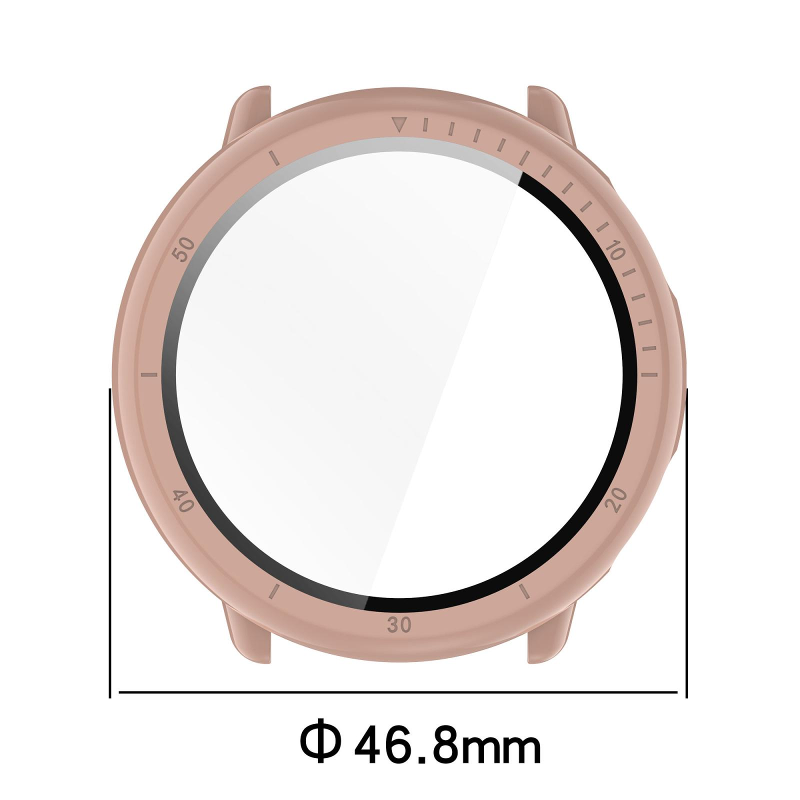 Cassa per smartwatch rosa con diametro di 46,8 mm e scala numerica.