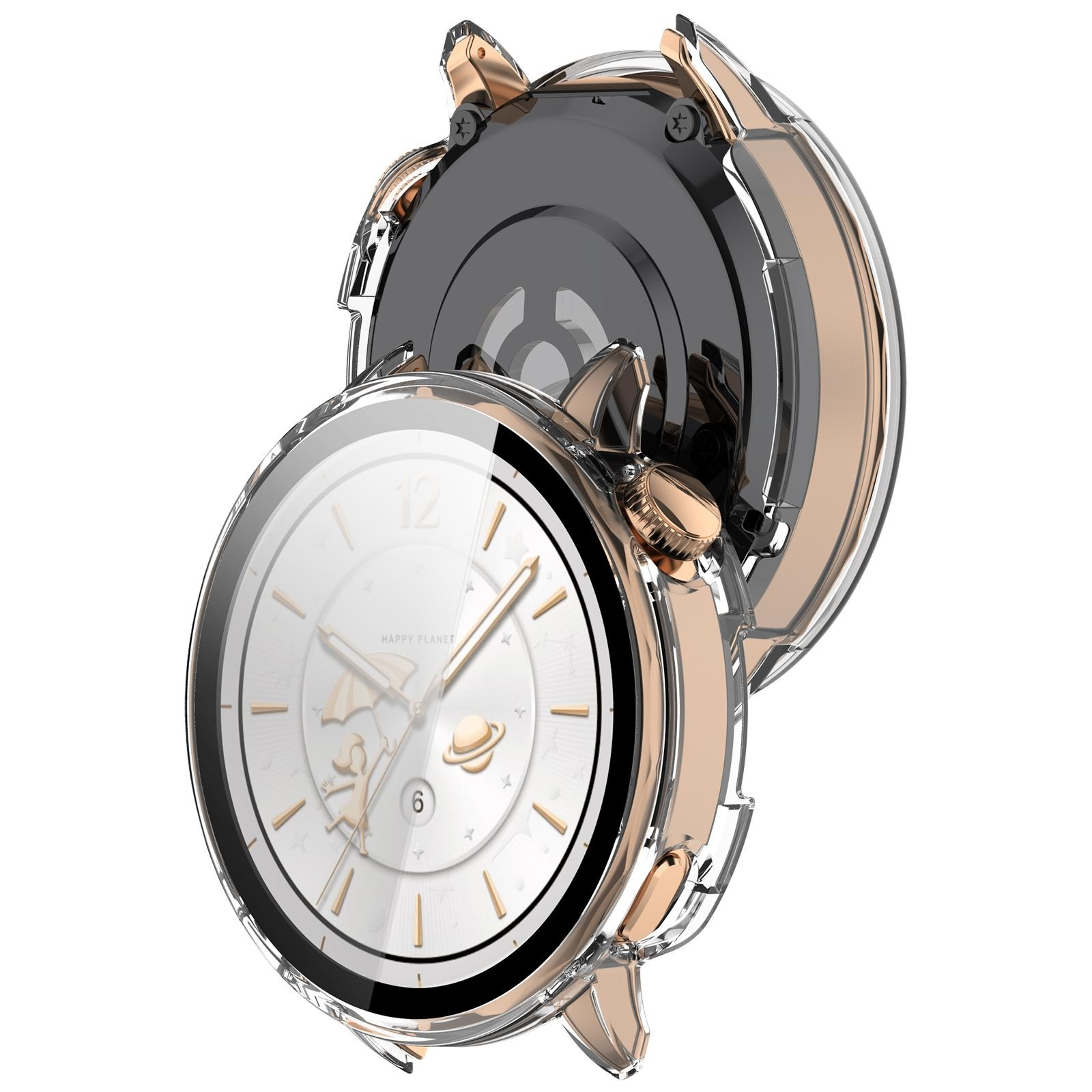 Smartwatch in oro rosa in custodia protettiva trasparente con quadrante bianco e lancette dorate.
