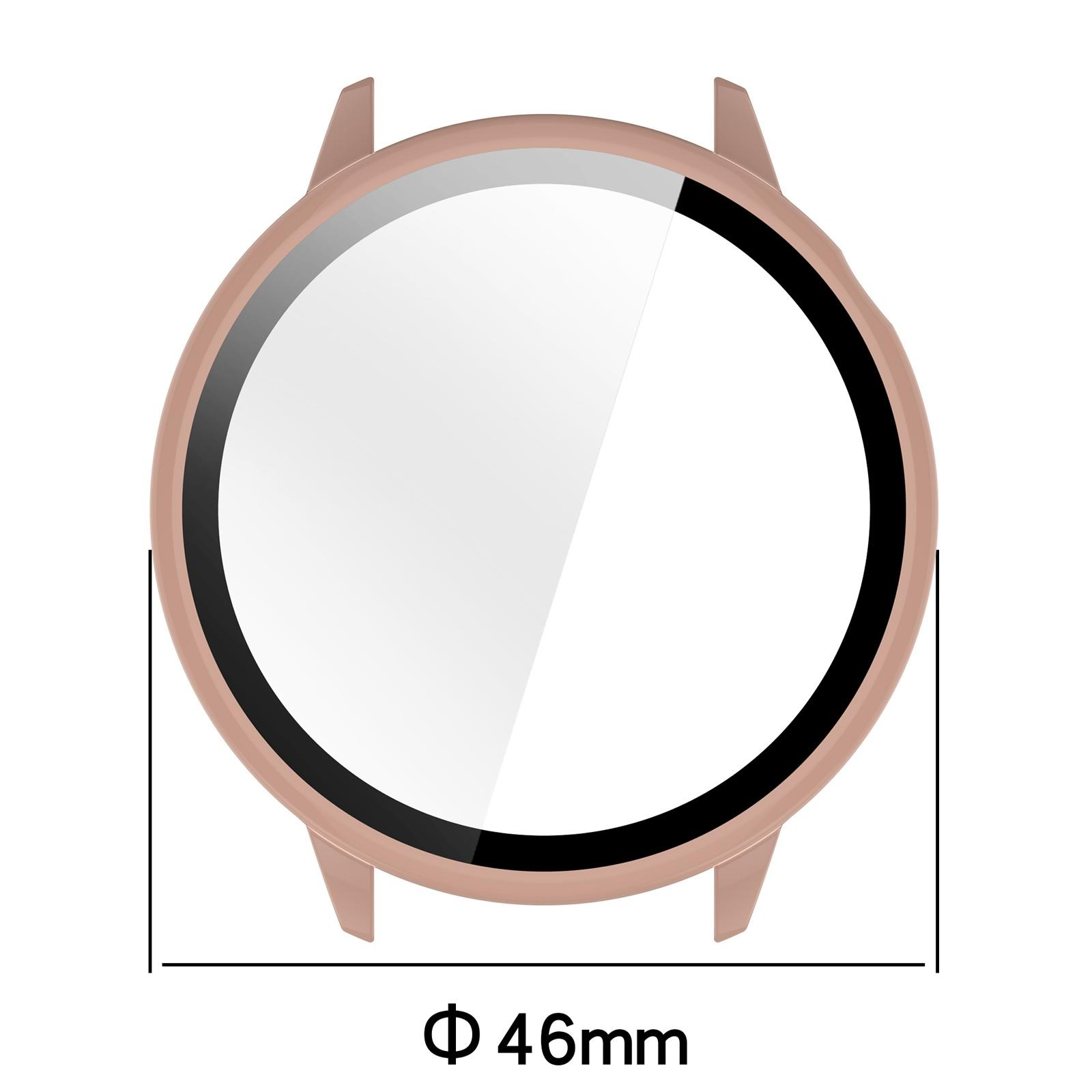 Cassa per smartwatch in oro rosa con diametro di 46 mm su sfondo bianco.