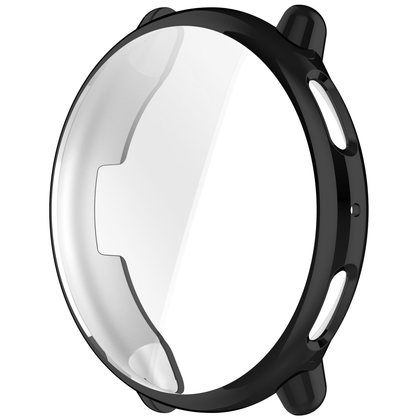Eine schwarze Smartwatch-Schutzhülle mit integriertem Displayschutz auf weißem Hintergrund.