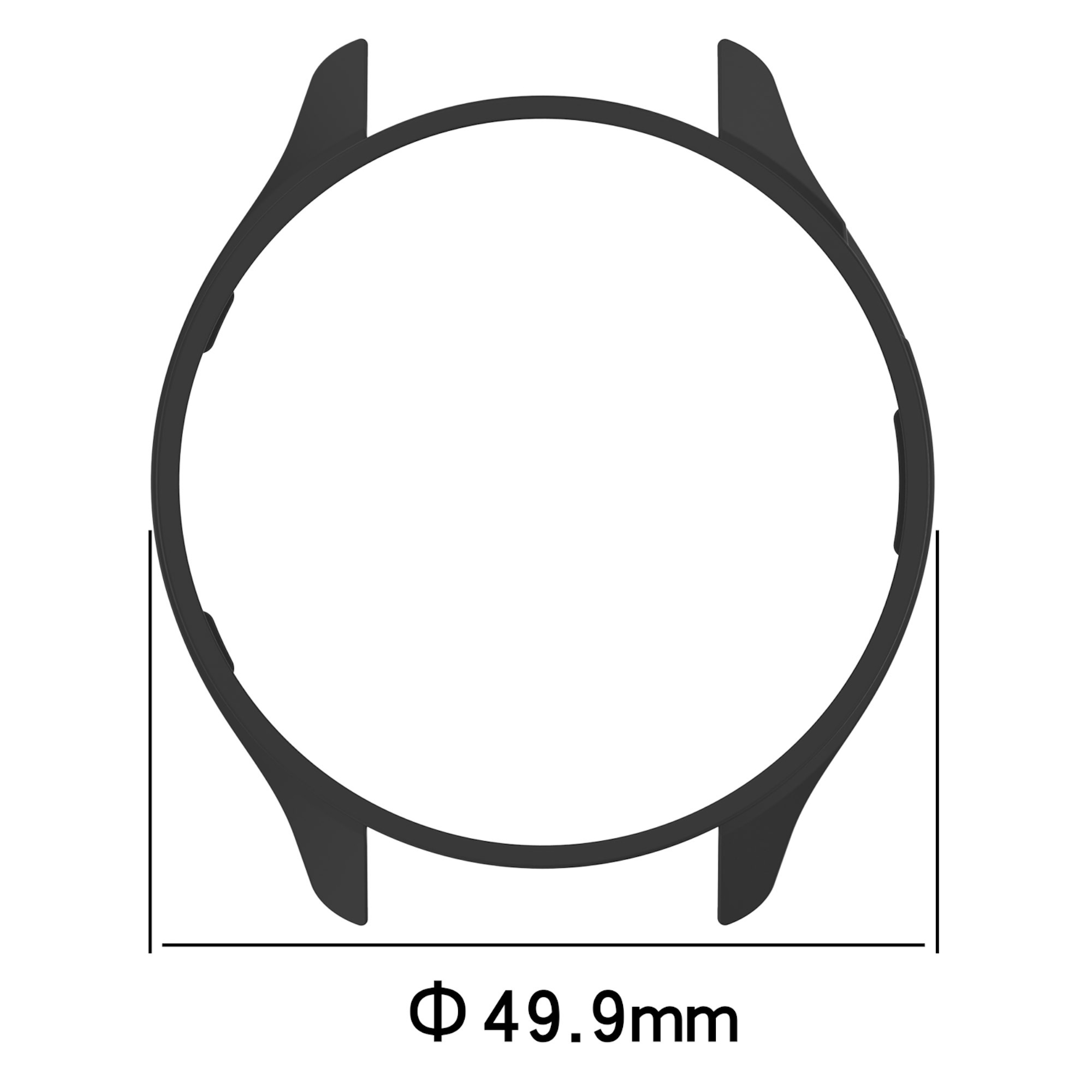 Schwarze Smartwatch-Gehäuse-Abdeckung mit einem Durchmesser von 49,9 mm, isoliert auf weißem Hintergrund.