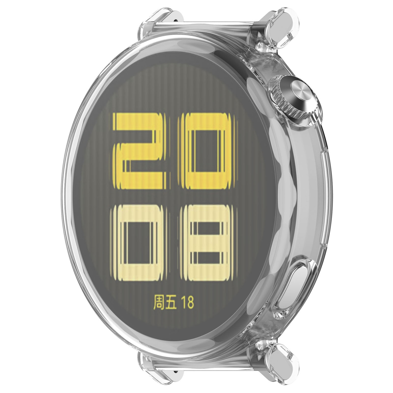 Eine durchsichtige Smartwatch mit einem dunklen Display, das die gelbe Digitalzeit 20:08 und das Datum anzeigt.