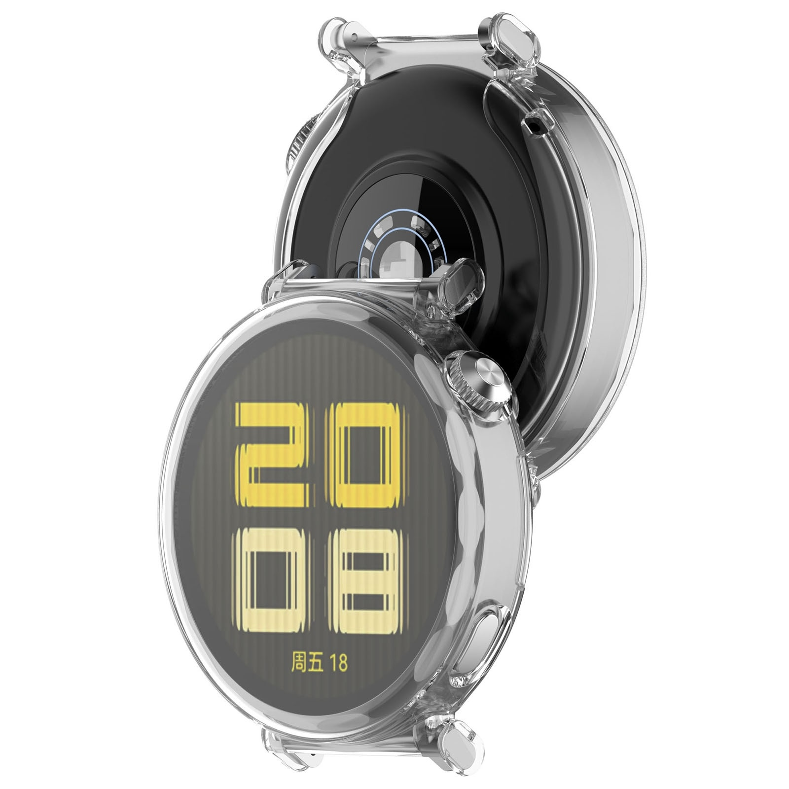 Eine transparente Schutzhülle für eine runde Smartwatch, von vorne und hinten auf weißem Grund.