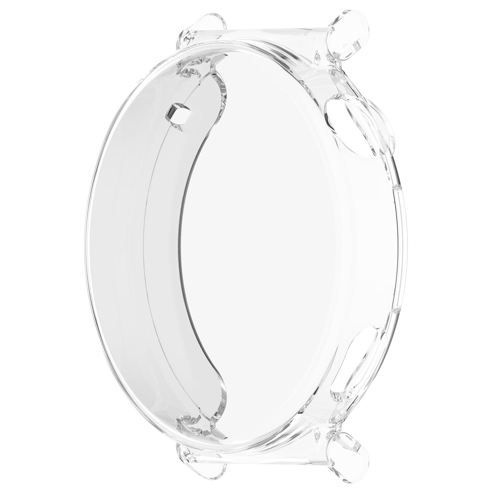Eine klare, transparente Schutzhülle aus Kunststoff für eine Smartwatch mit Aussparungen für Tasten.