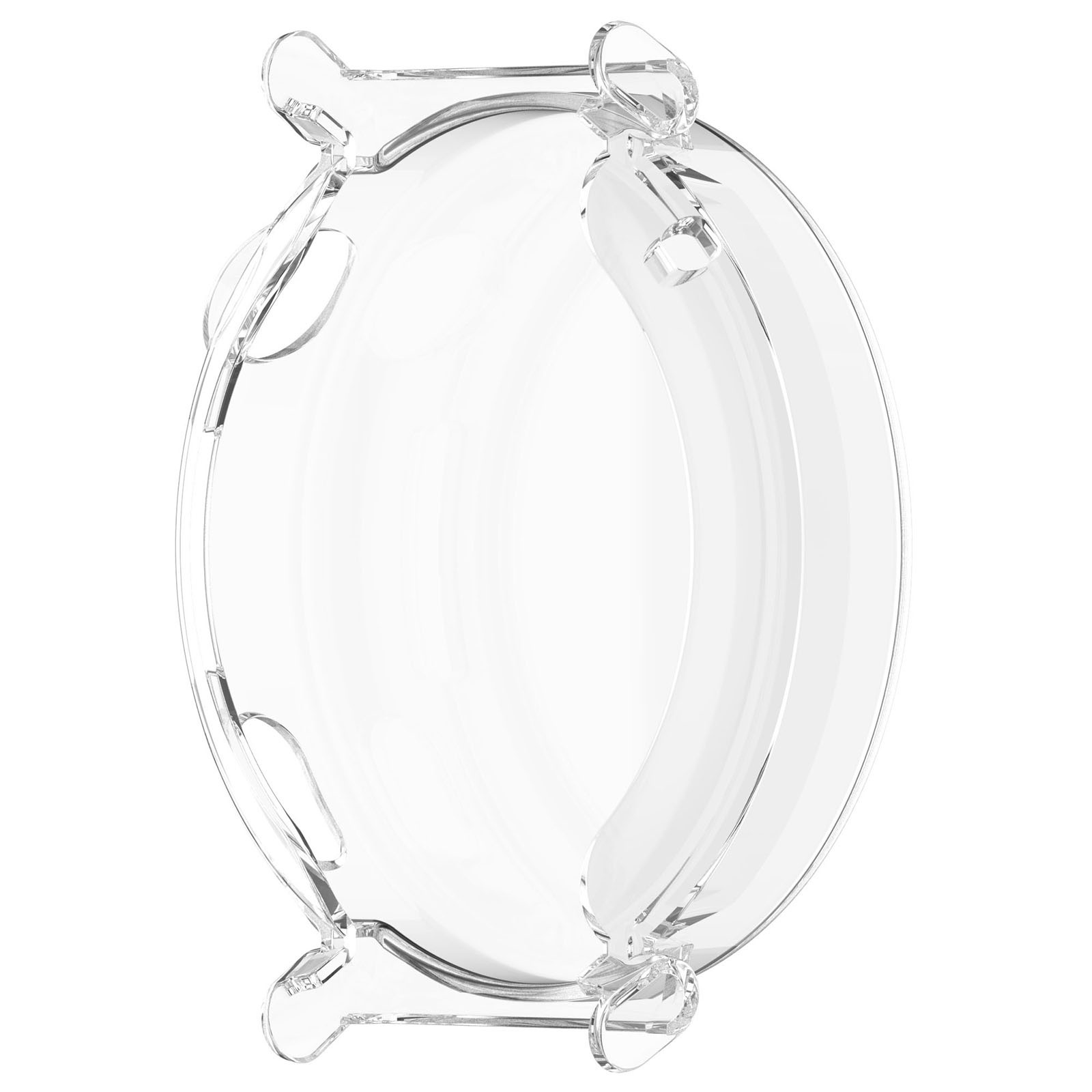 Transparente Schutzhülle für eine Smartwatch auf weißem Hintergrund.