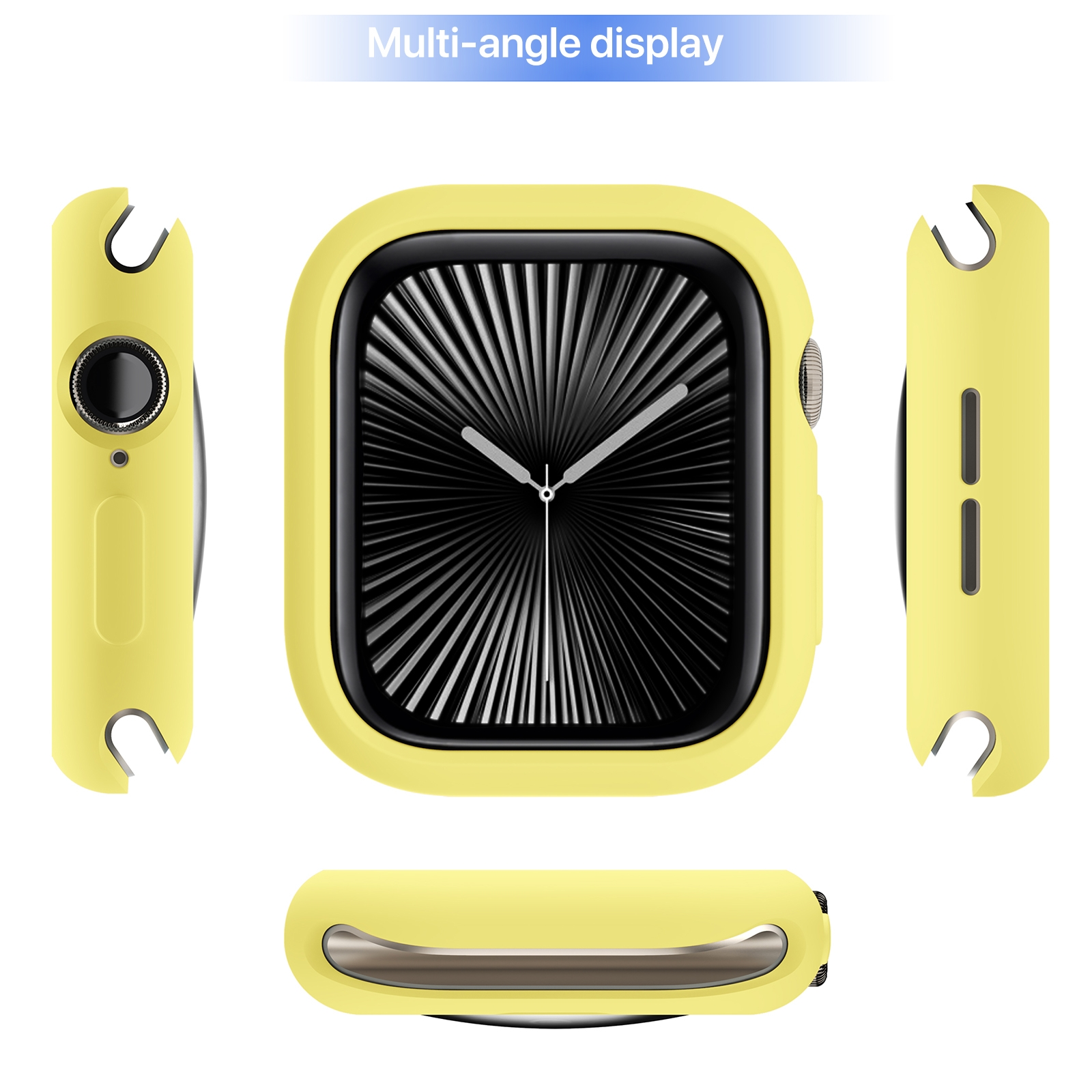 Mehrwinkelansicht einer Smartwatch mit einer leuchtend gelben Schutzhülle auf weißem Hintergrund.