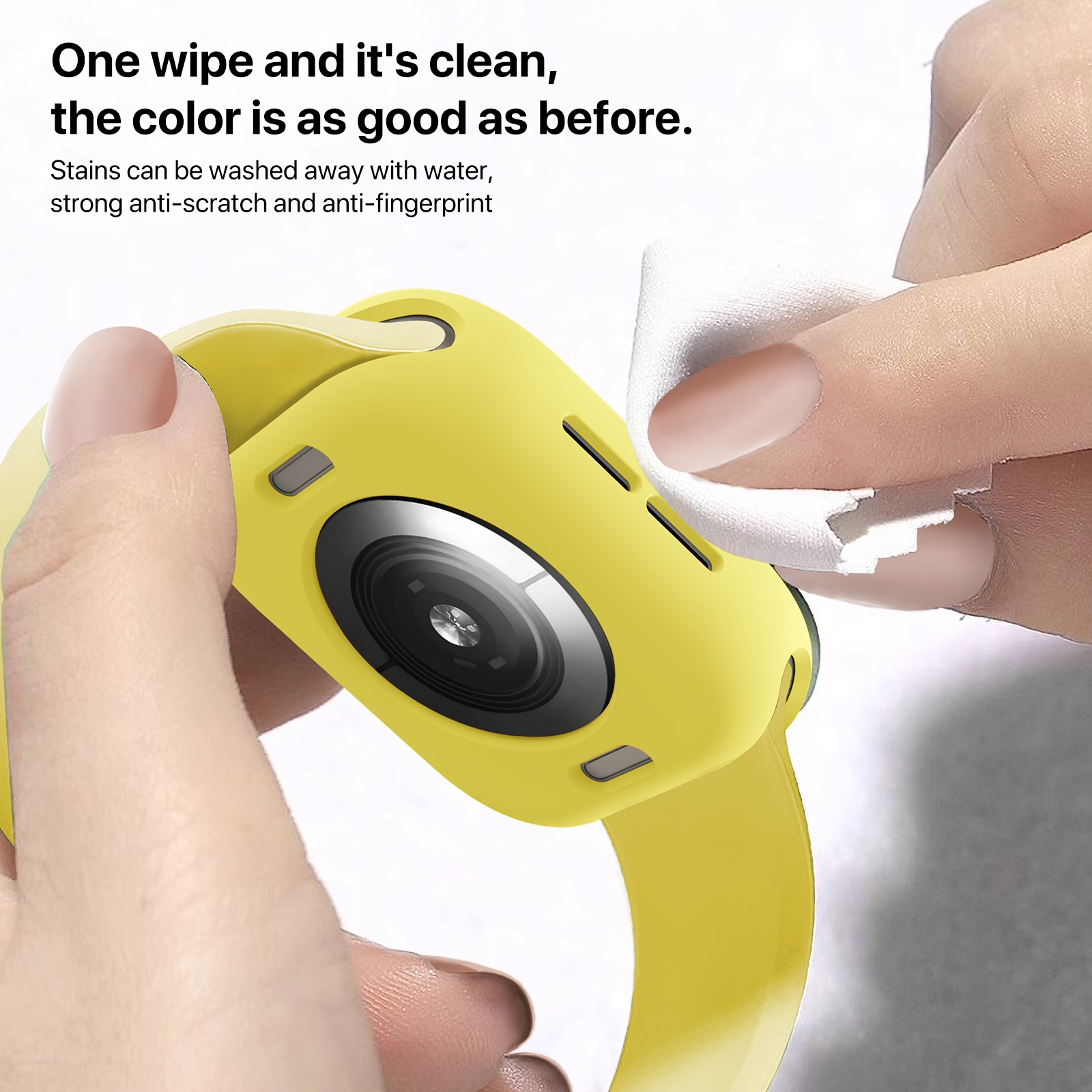 Jemand reinigt eine gelbe Smartwatch-Schutzhülle mit einem weißen Tuch.