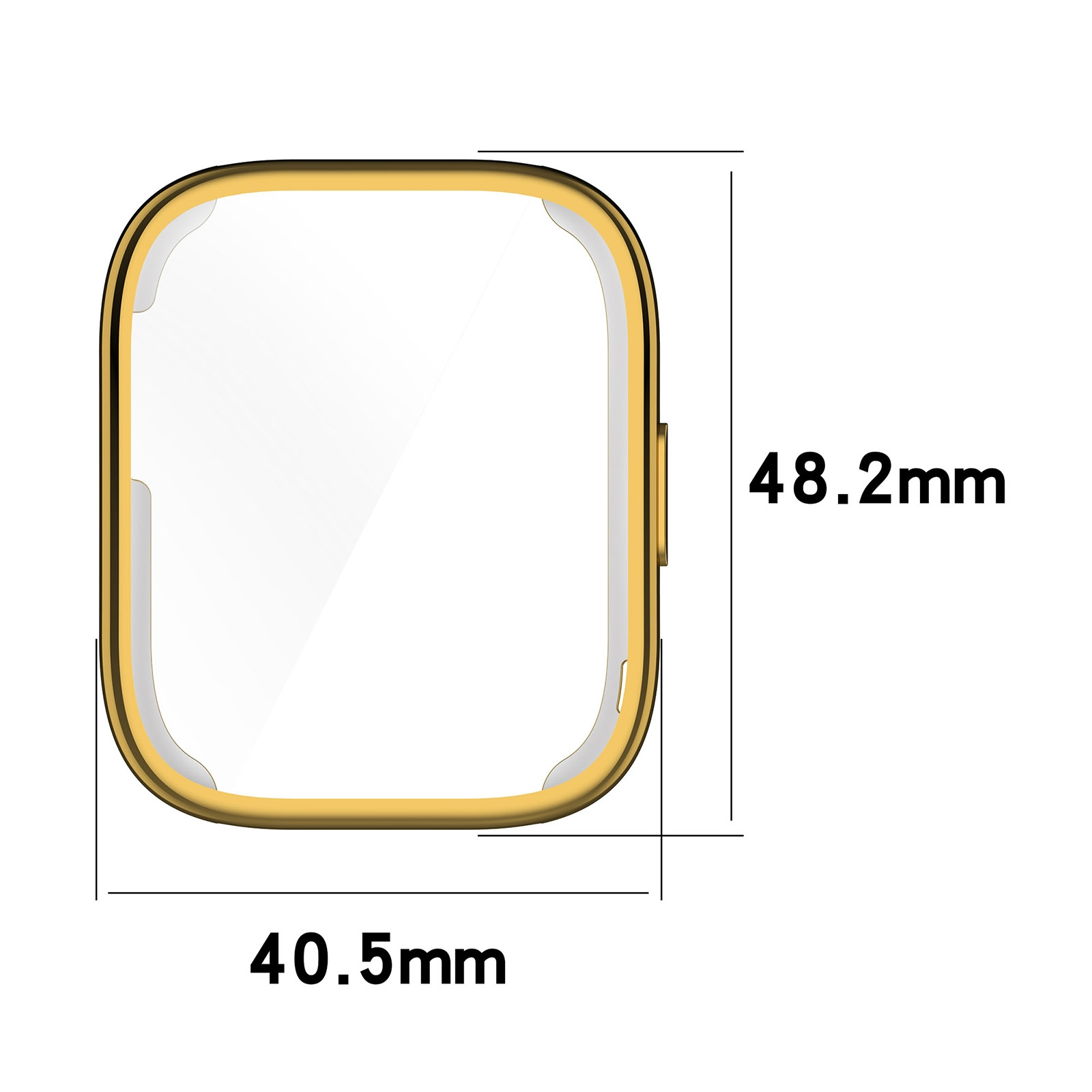 Cassa per smartwatch dorata con dimensioni: 40.5 mm di larghezza e 48.2 mm di altezza.