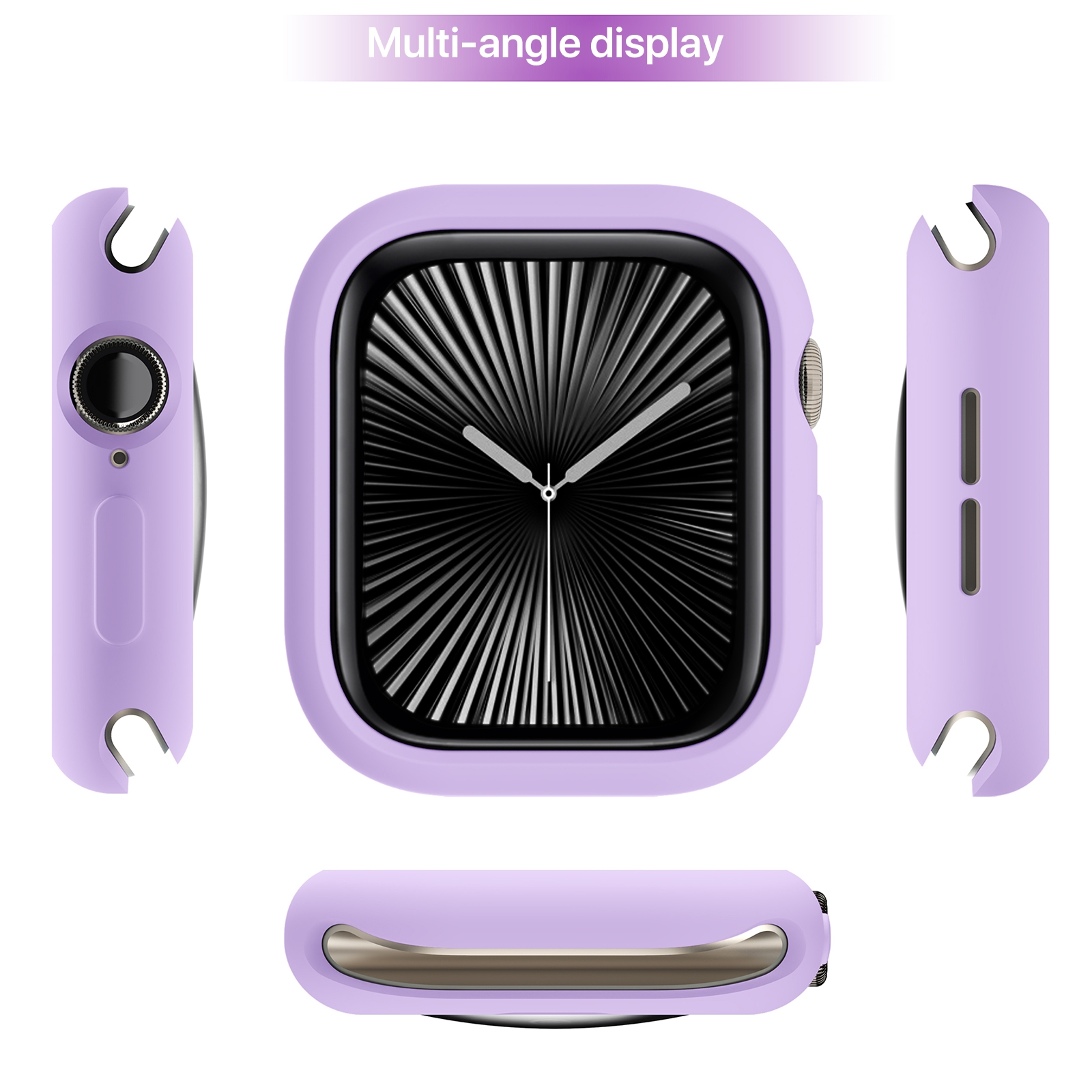 Display multi-angolo di uno smartwatch viola chiaro con custodia protettiva da diverse angolazioni.