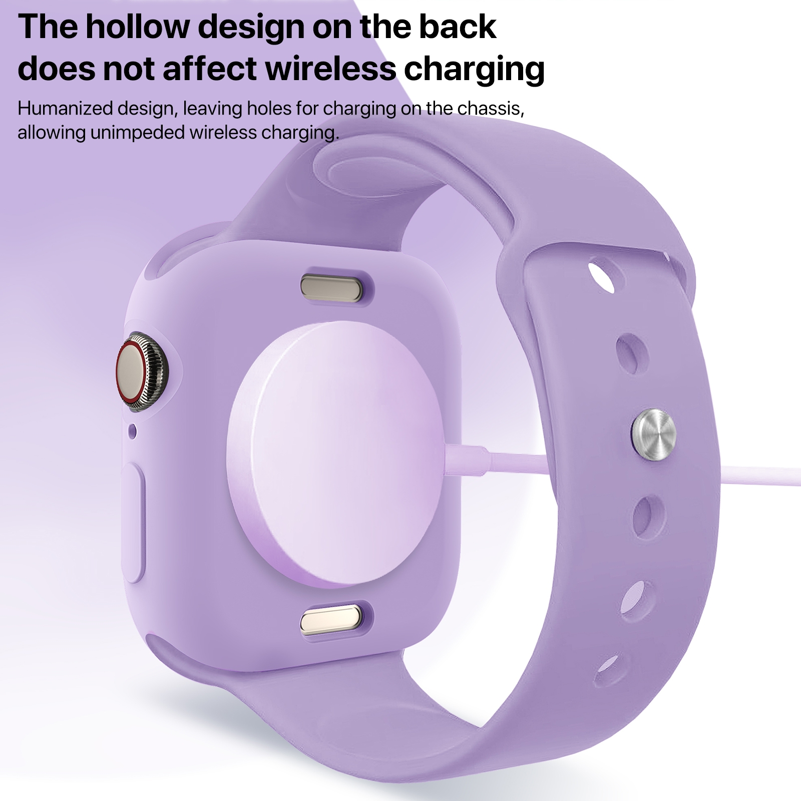 Smartwatch viola con un caricabatterie wireless rotondo attaccato alla parte posteriore.