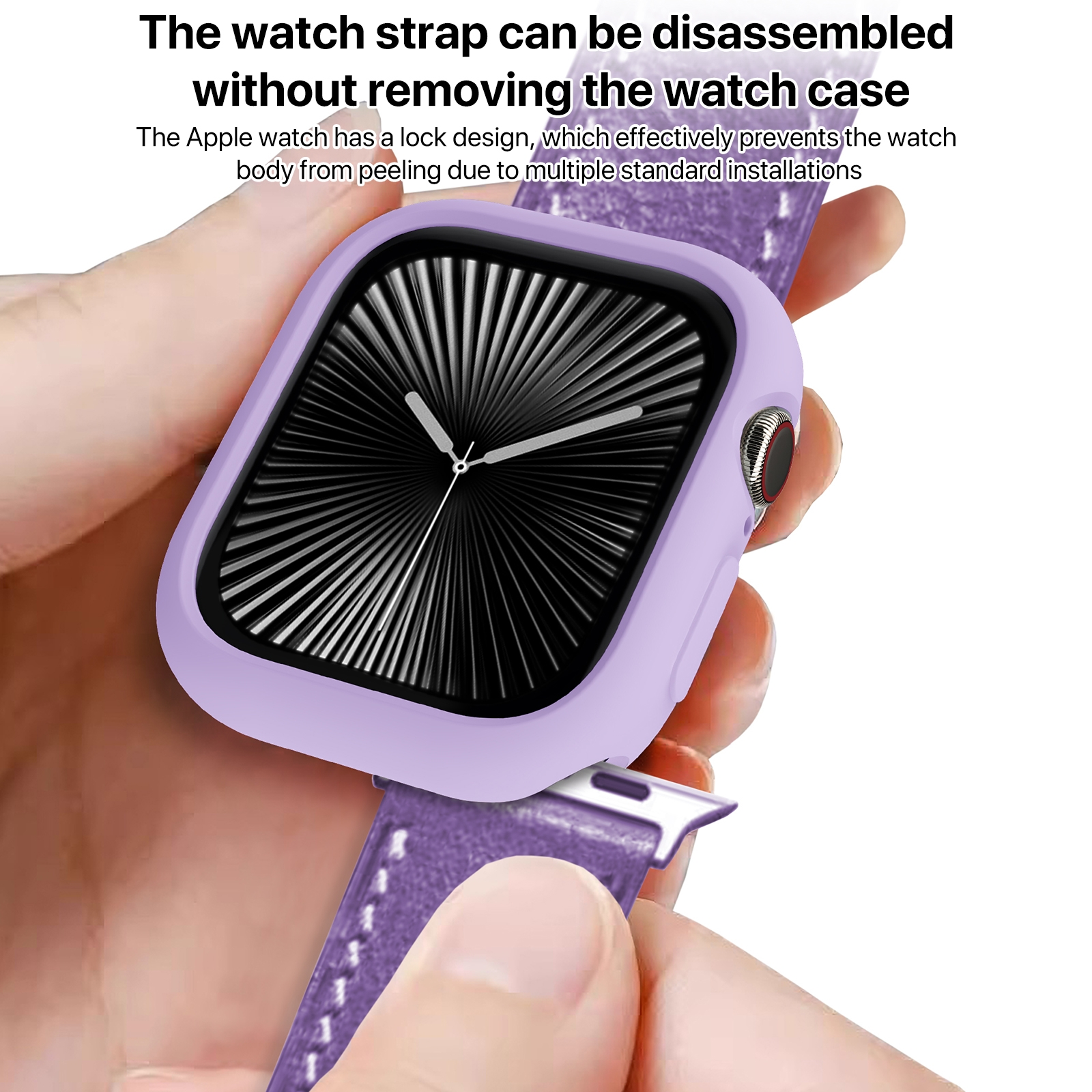 Apple Watch viola con custodia e cinturino sostituibile senza rimuovere la custodia.