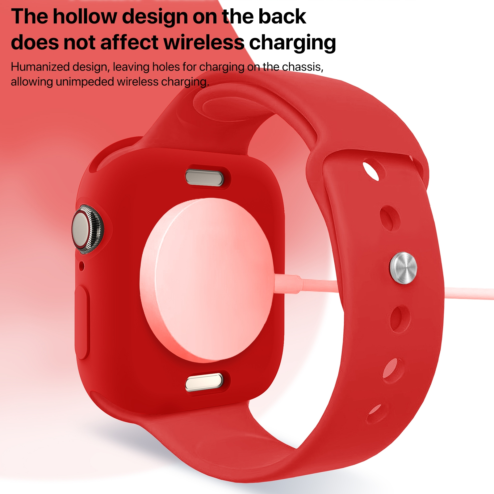 Rote Smartwatch mit kabellosem Ladegerät auf der Rückseite und Text oben.