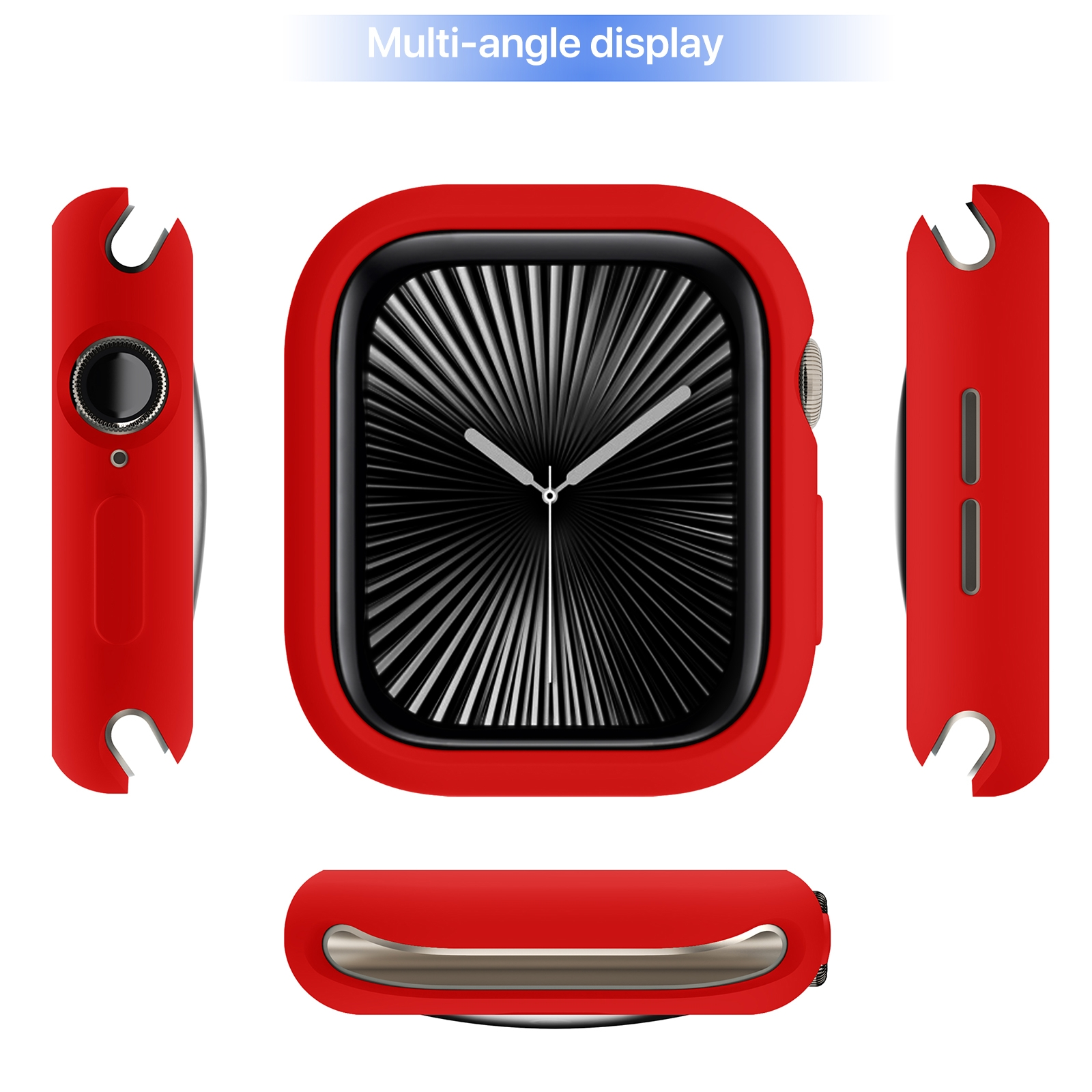 Multi-Winkel-Ansicht einer roten Apple-Watch-Schutzhülle von allen Seiten.