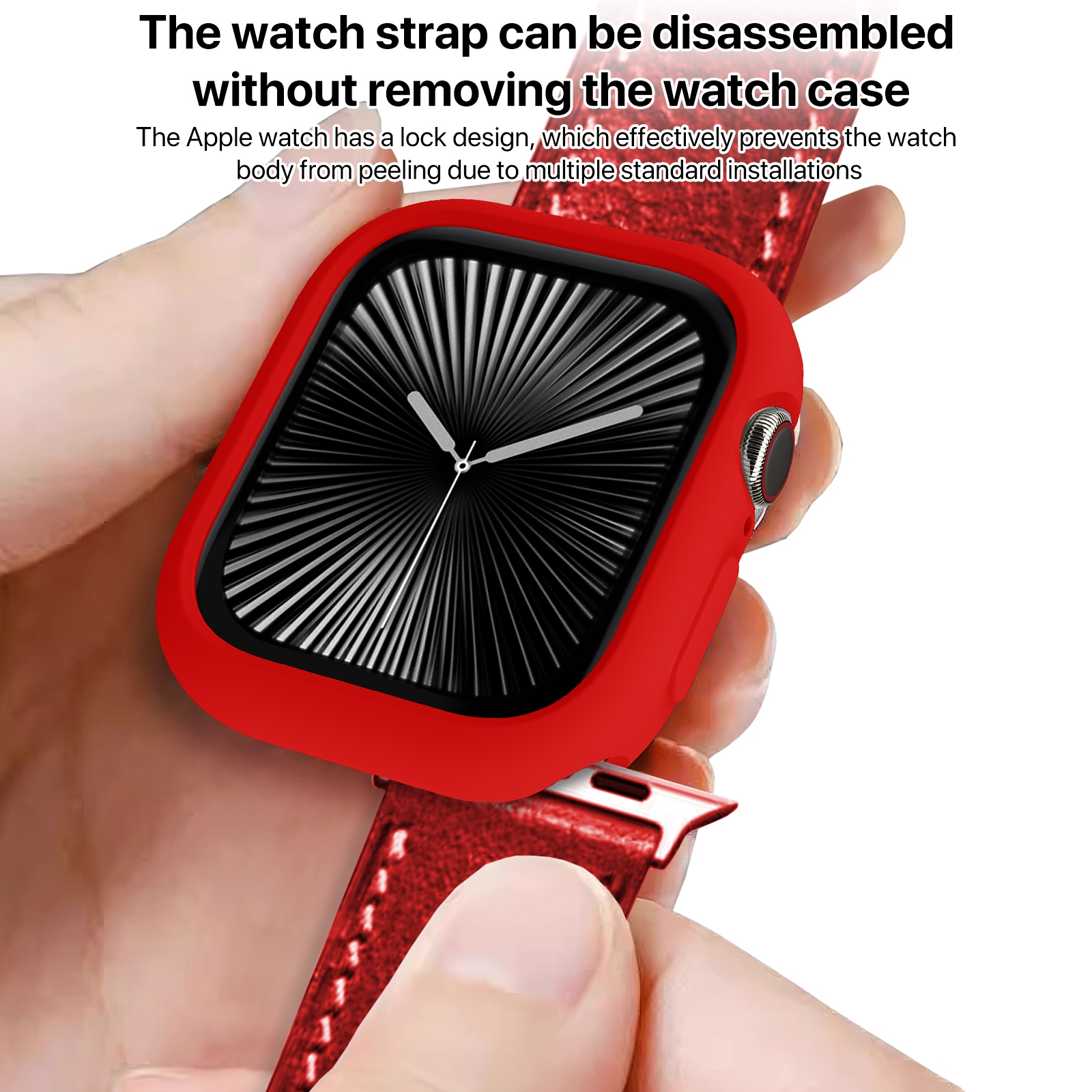 Eine Hand hält eine rote Apple Watch Hülle mit passendem roten Armband und erklärendem Text.