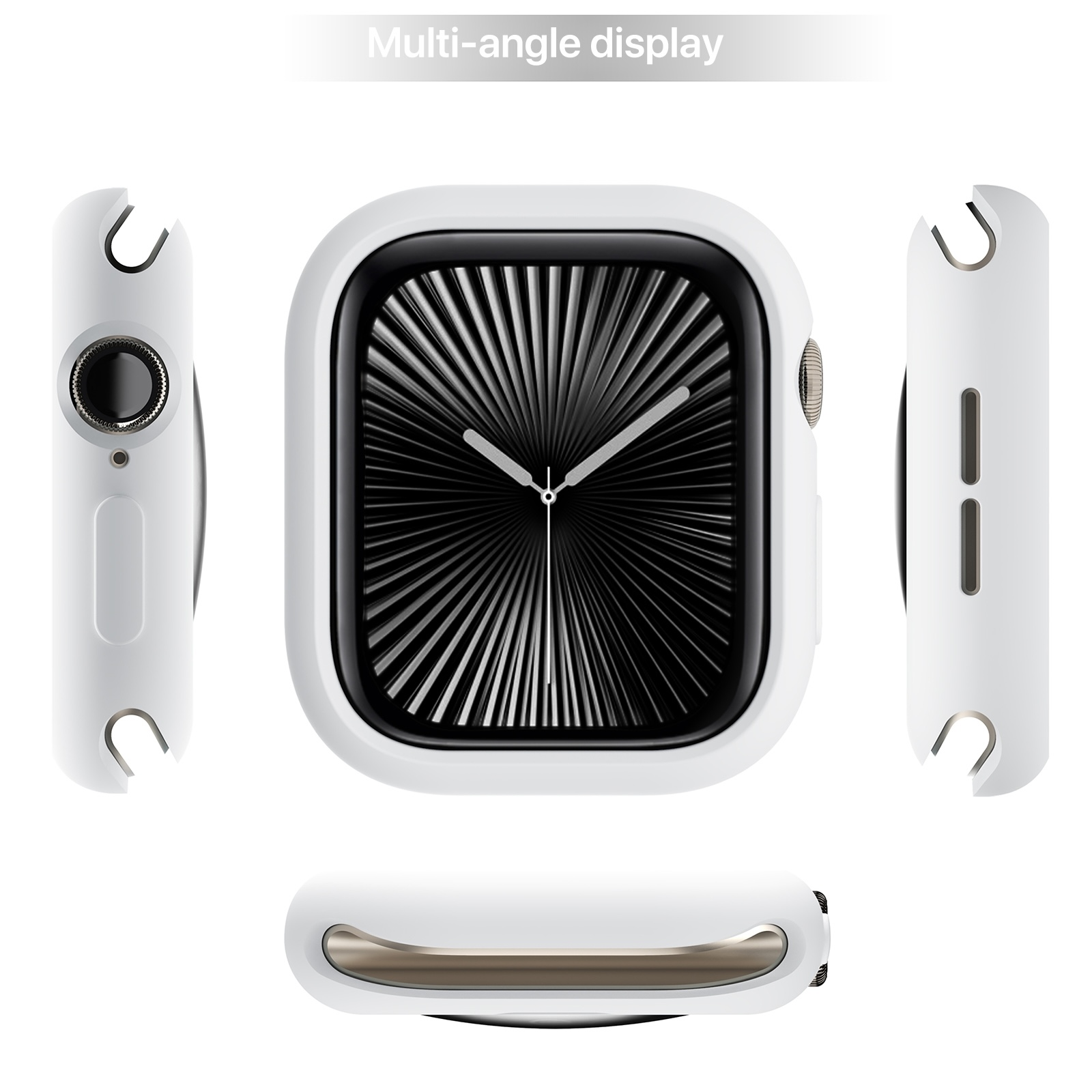 Multi-Winkel-Display einer Smartwatch mit weißem Gehäuse und analogem Zifferblatt.
