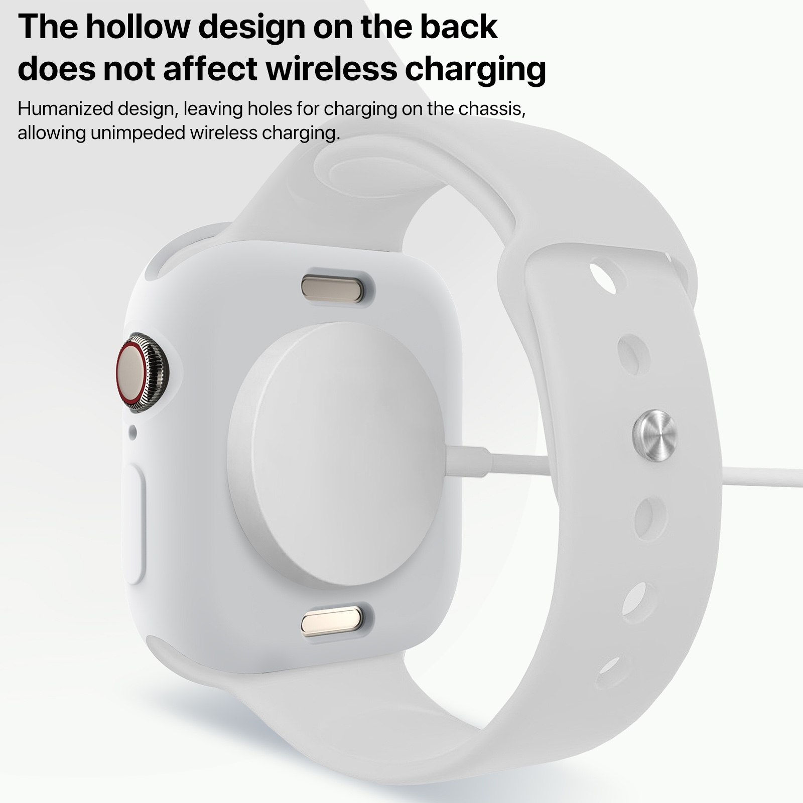 Eine weiße Smartwatch in einer Schutzhülle liegt auf einer Oberfläche, mit einem kabellosen Lade-Pad auf der Rückseite.