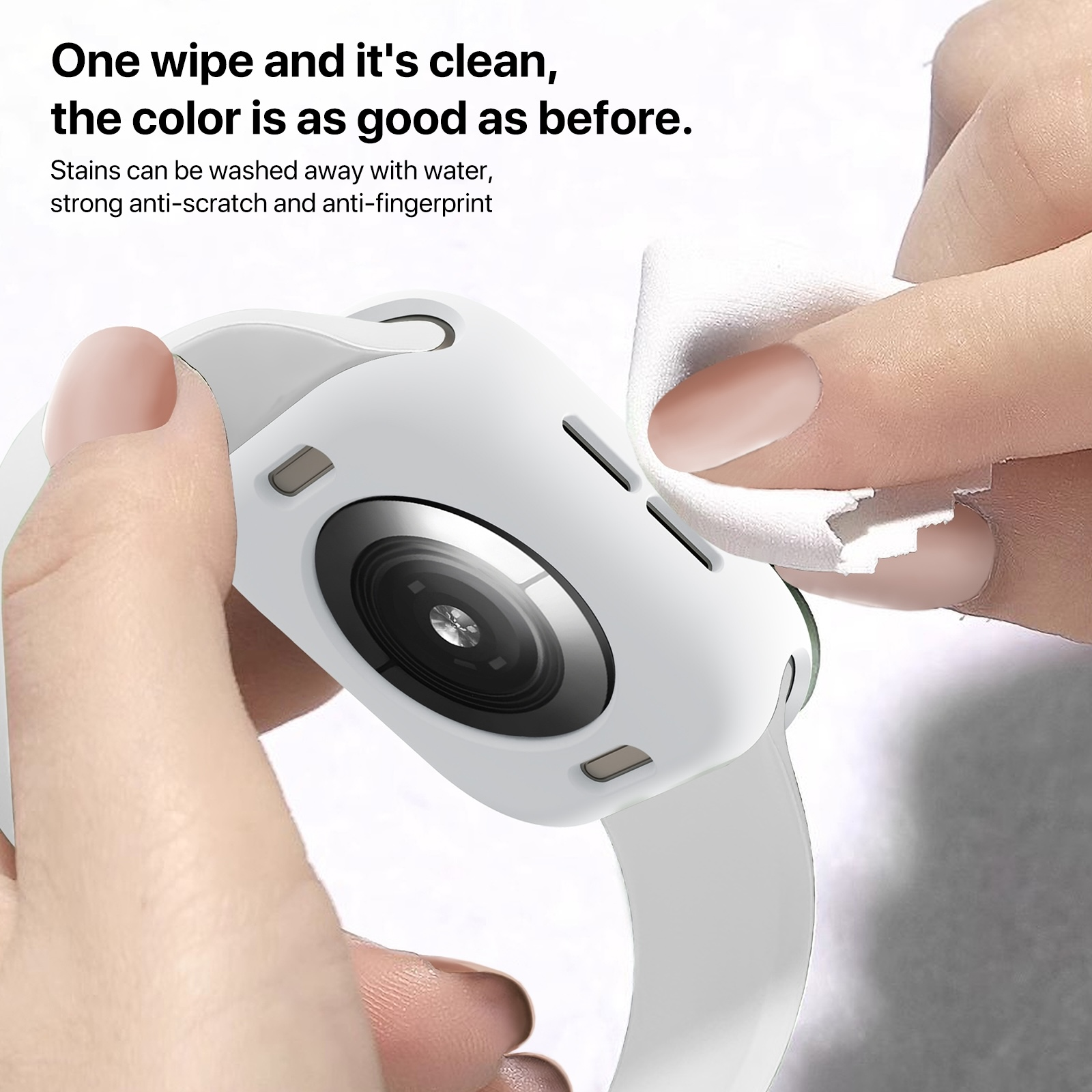 Eine Hand wischt eine weiße Smartwatch mit einem Tuch ab. Text oben links.
