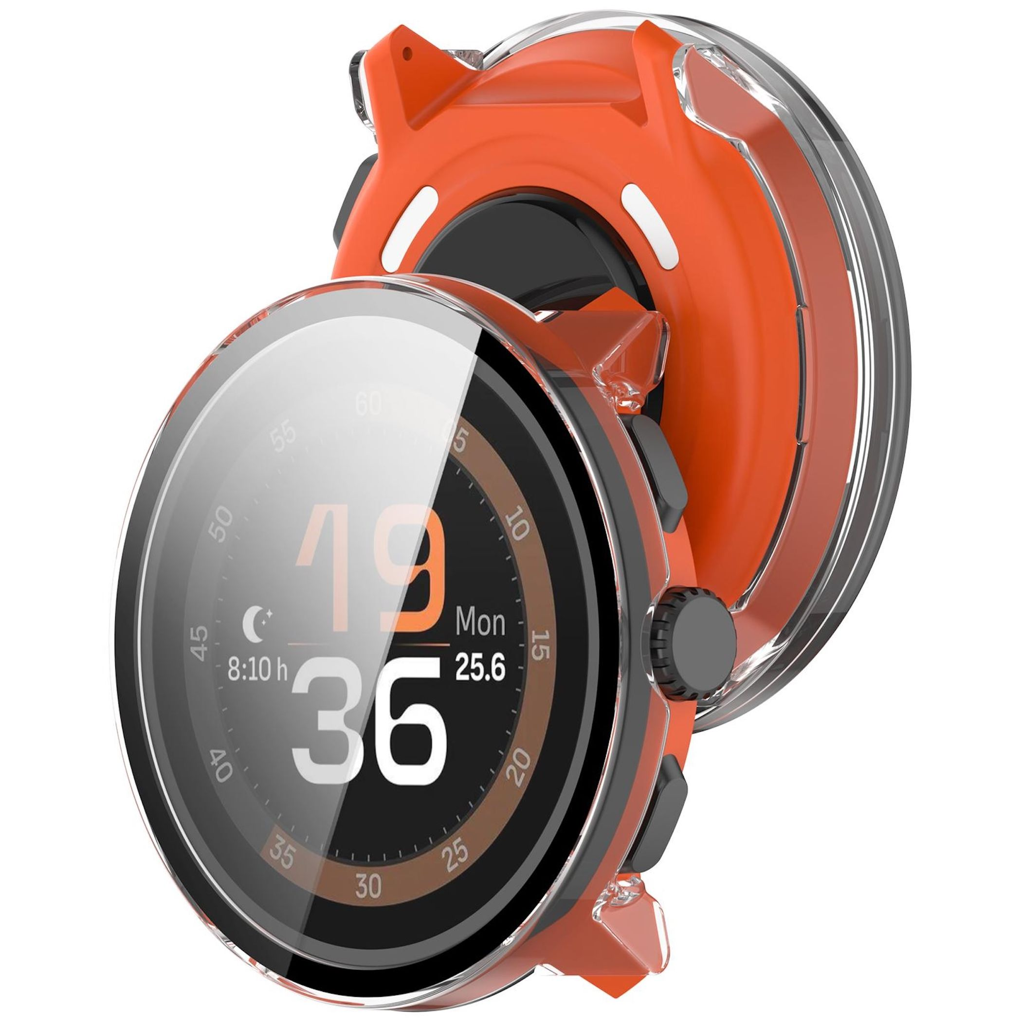Smartwatch con custodia protettiva arancione e copriobiettivo trasparente su sfondo bianco.