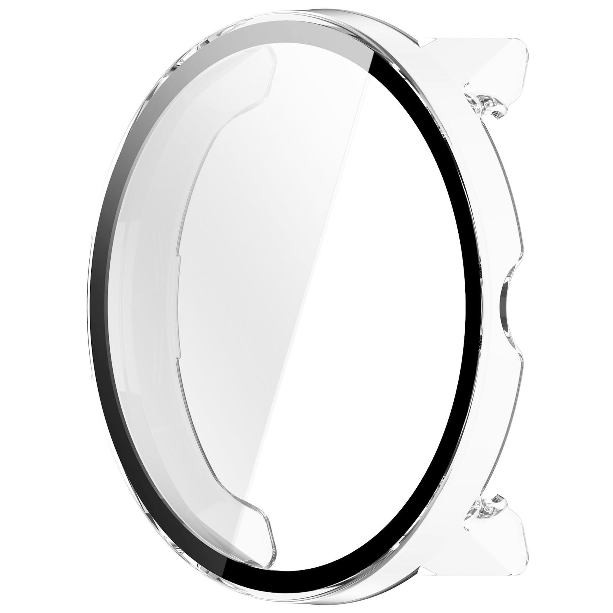 Una custodia protettiva trasparente in plastica per smartwatch su sfondo bianco.