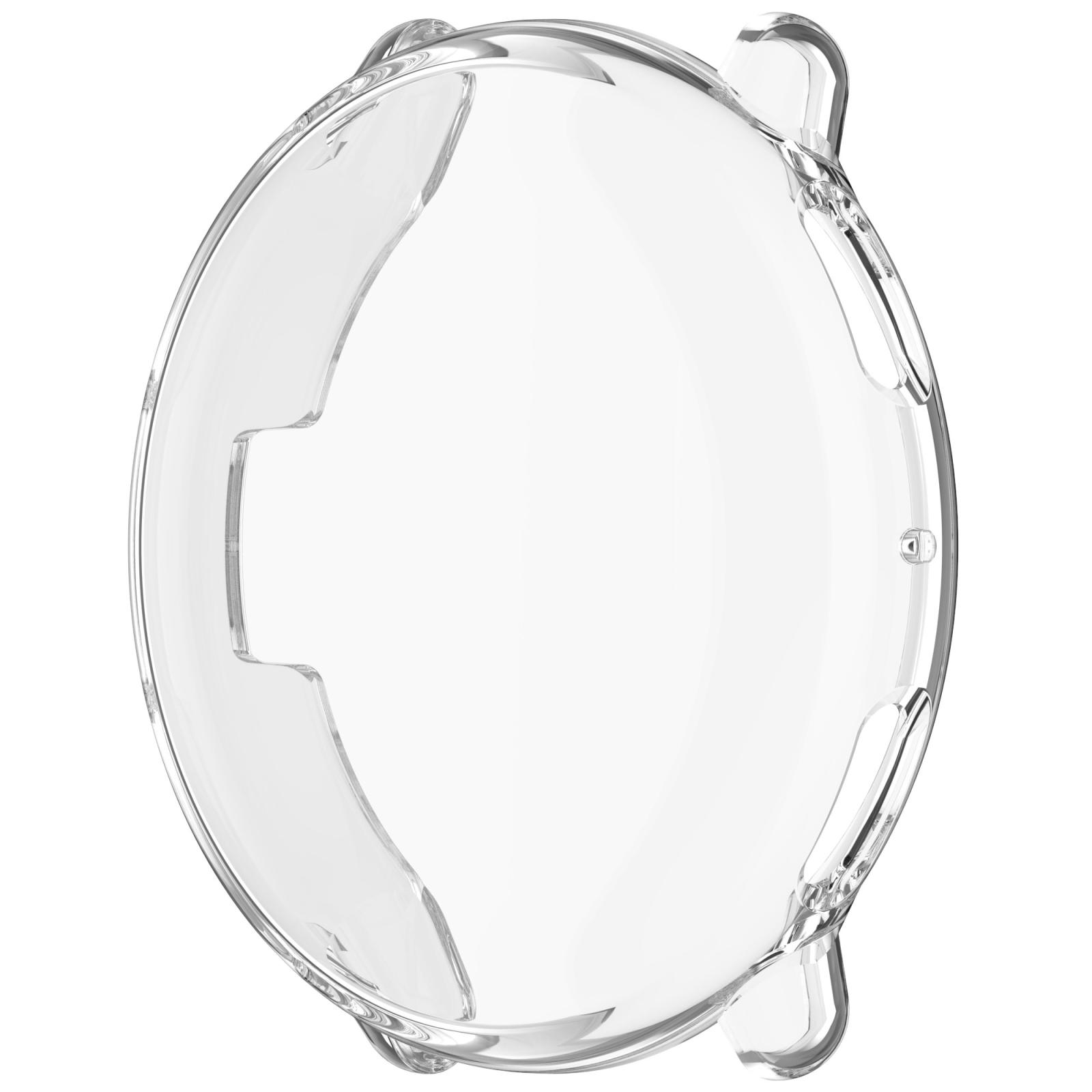 Transparente Silikon-Schutzhülle für eine Smartwatch auf weißem Hintergrund.
