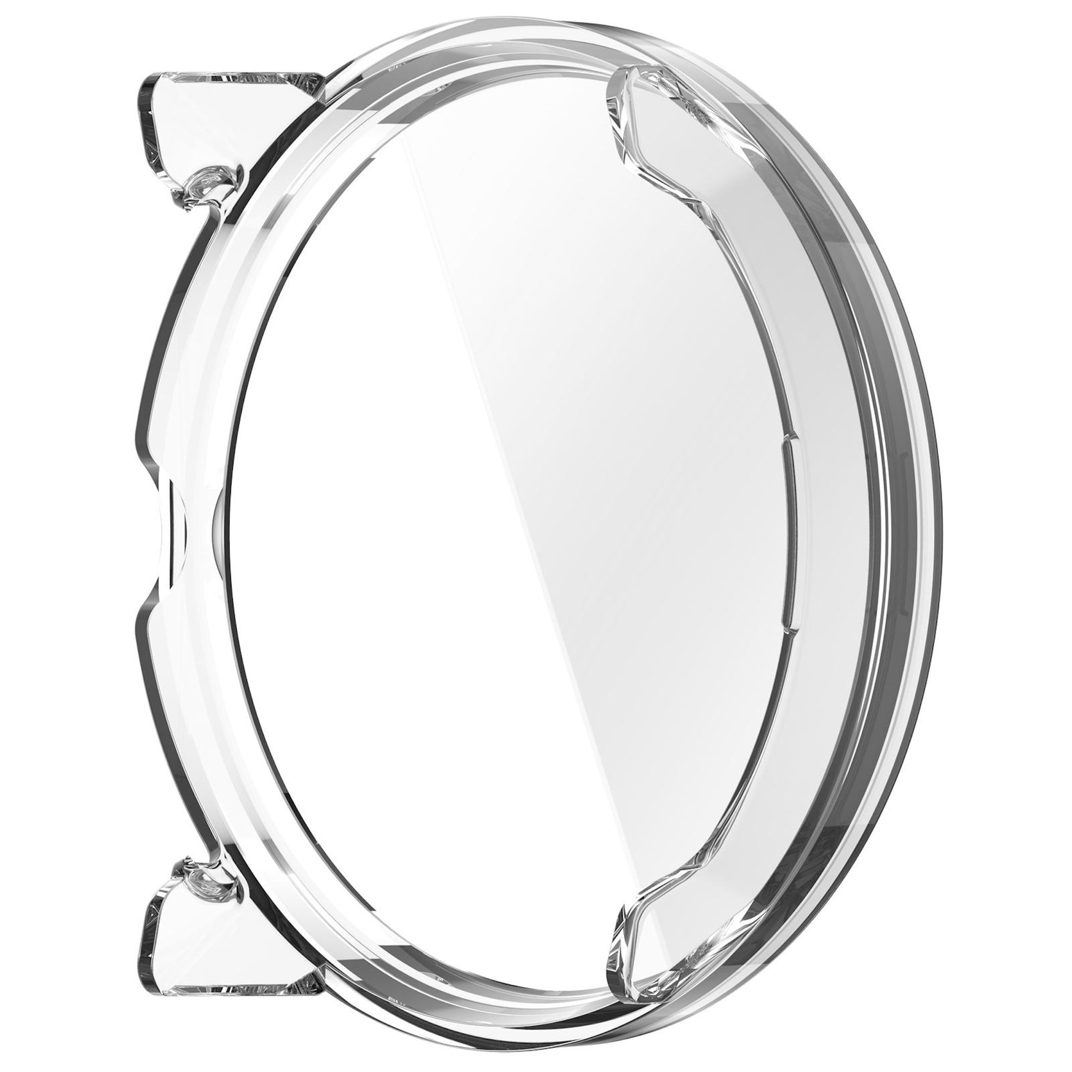 Custodia protettiva trasparente per smartwatch su sfondo bianco.
