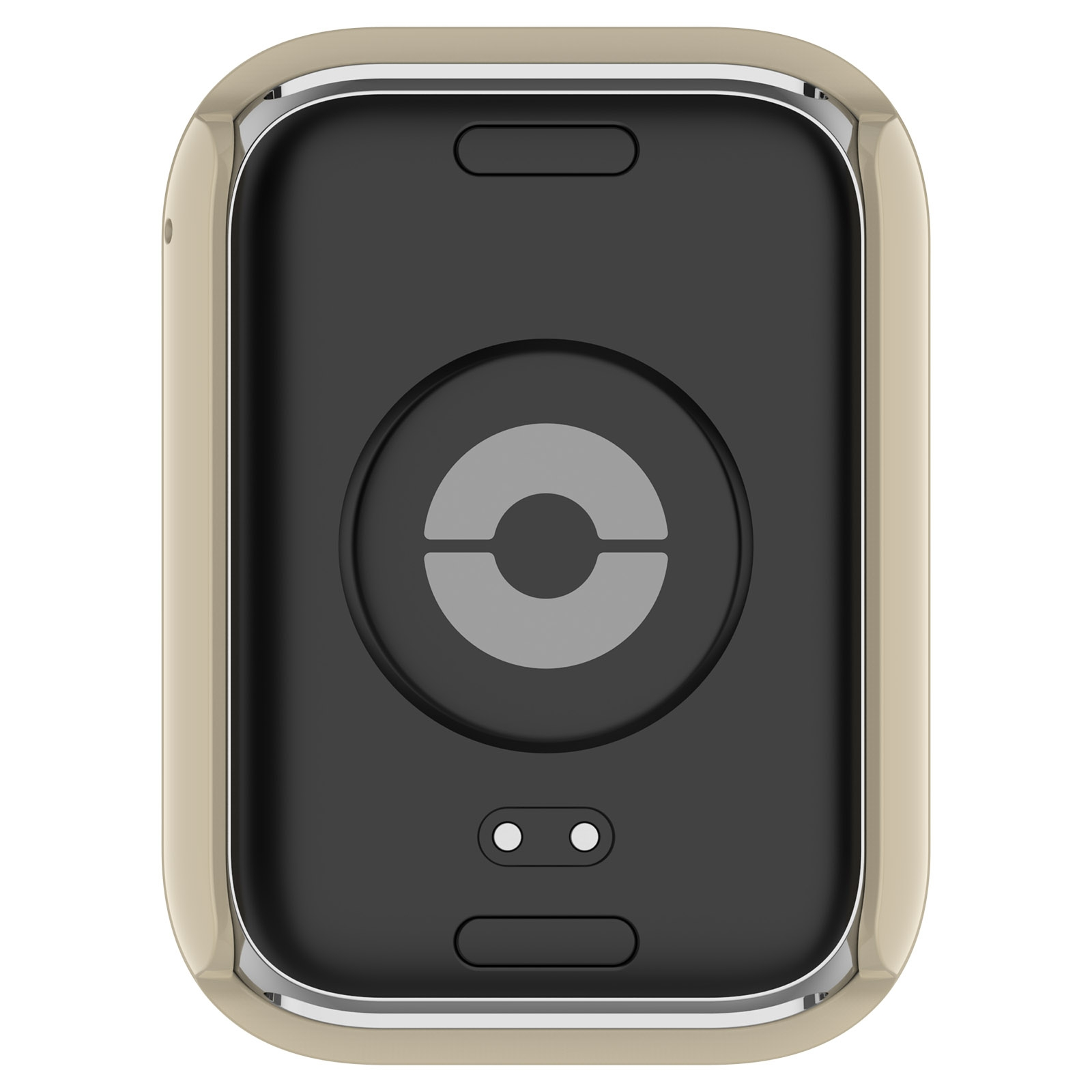 Die Rückseite einer Smartwatch in einem beigen Schutzbumper mit Sensoren auf schwarzem Hintergrund.