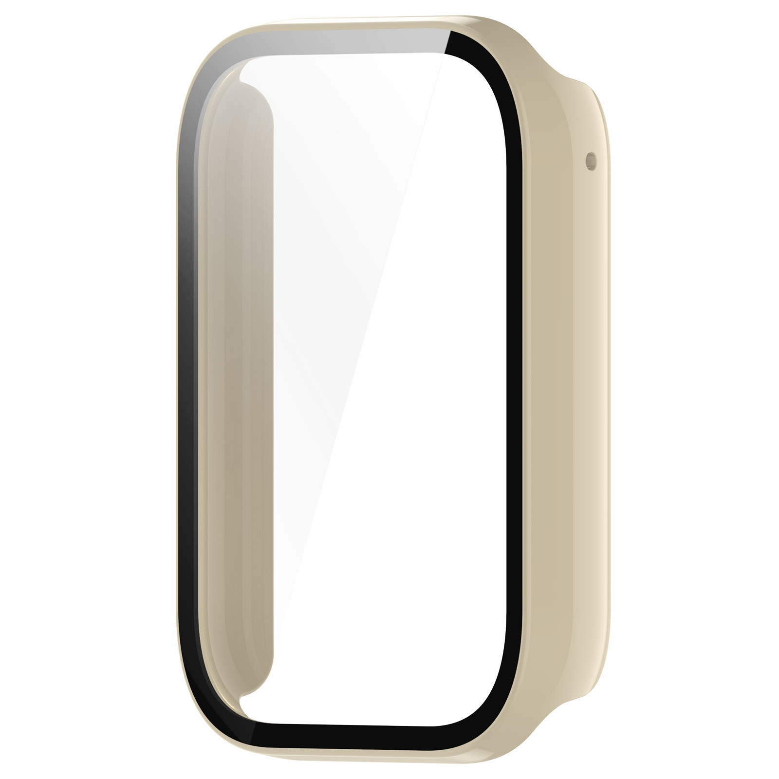 Eine beige Schutzhülle mit klarem Displayschutz für eine rechteckige Smartwatch.