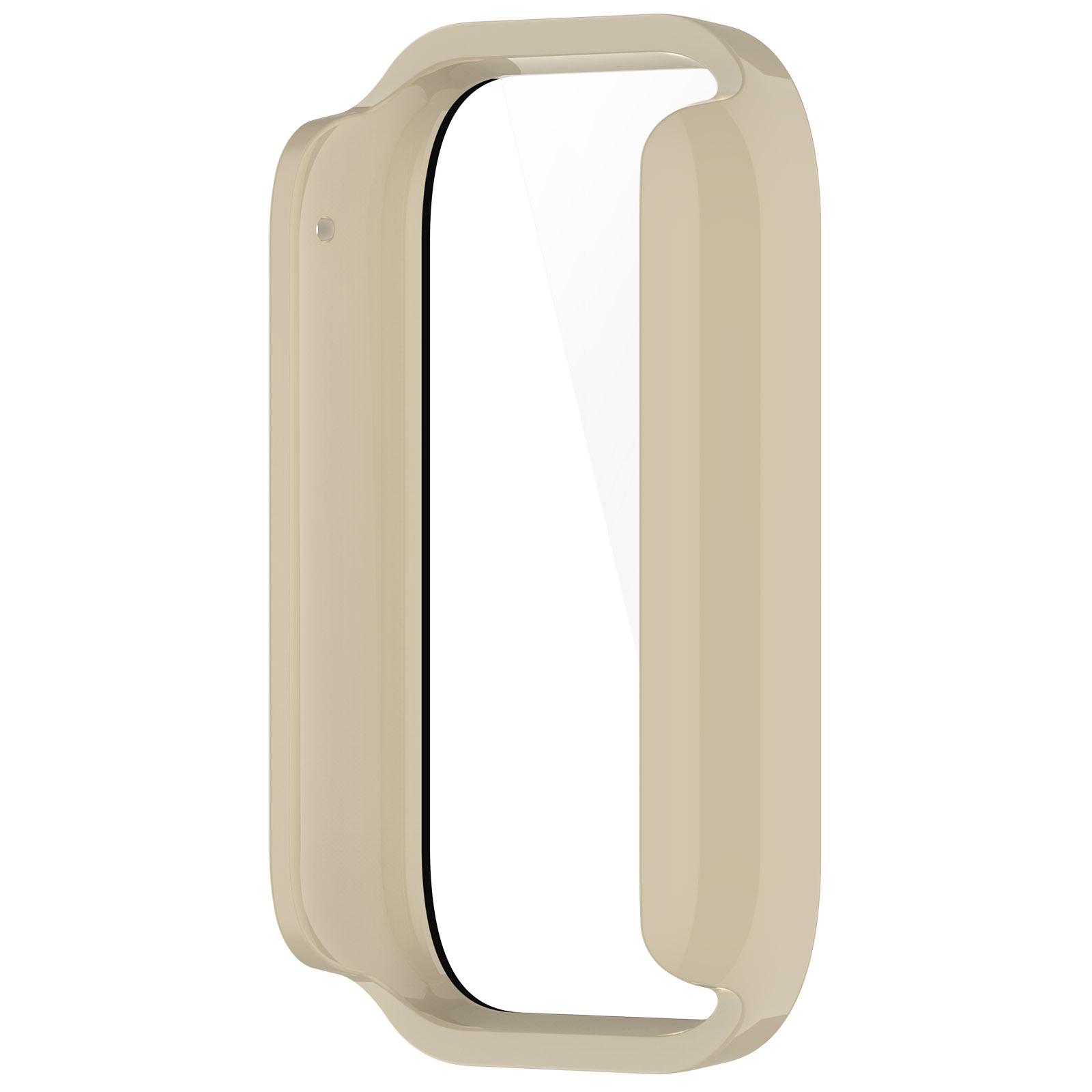Beige Schutzhülle für eine rechteckige Smartwatch, isoliert auf weißem Hintergrund.