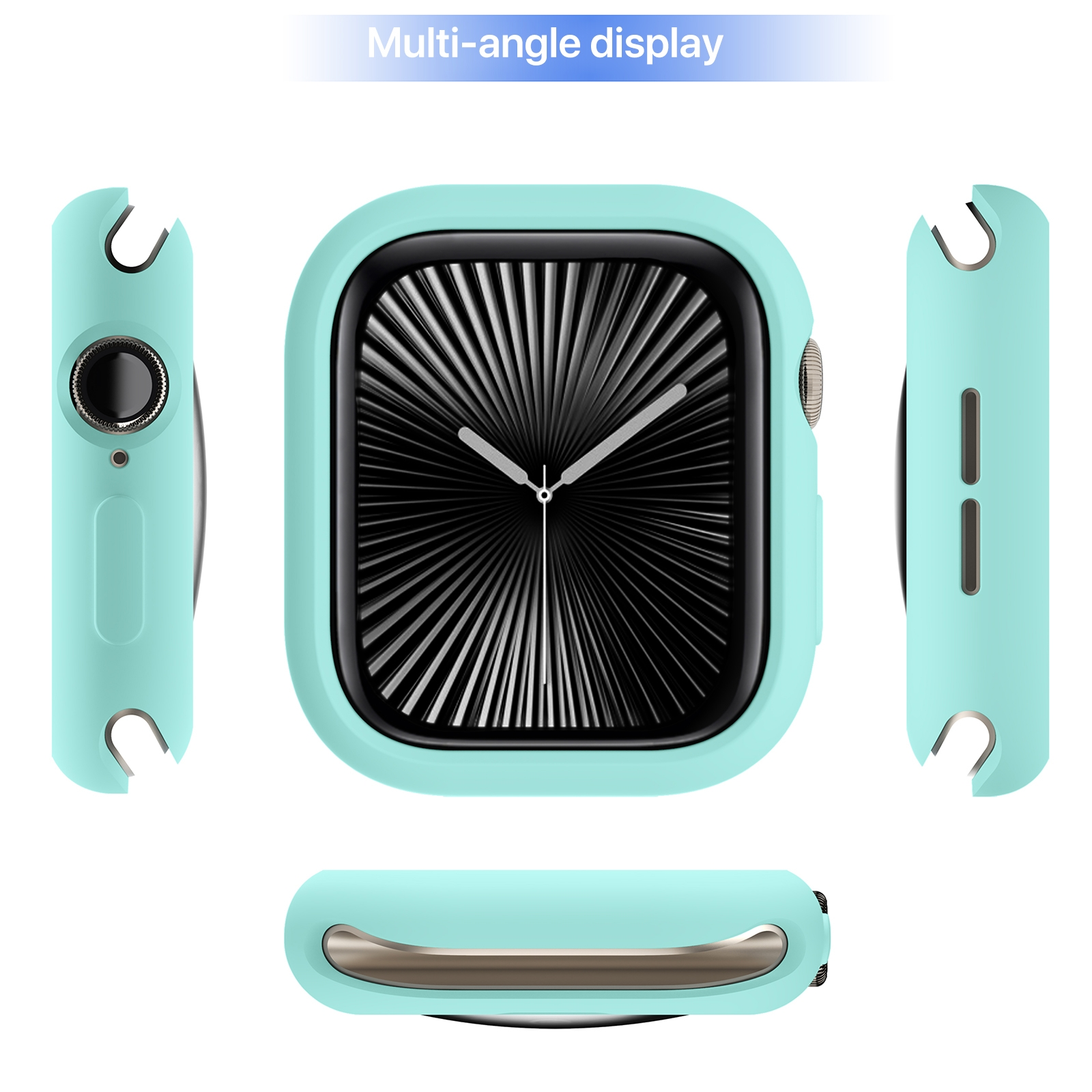Mehrwinkelansicht einer hellblauen Smartwatch-Hülle mit digitalem Zifferblatt vor weißem Hintergrund.