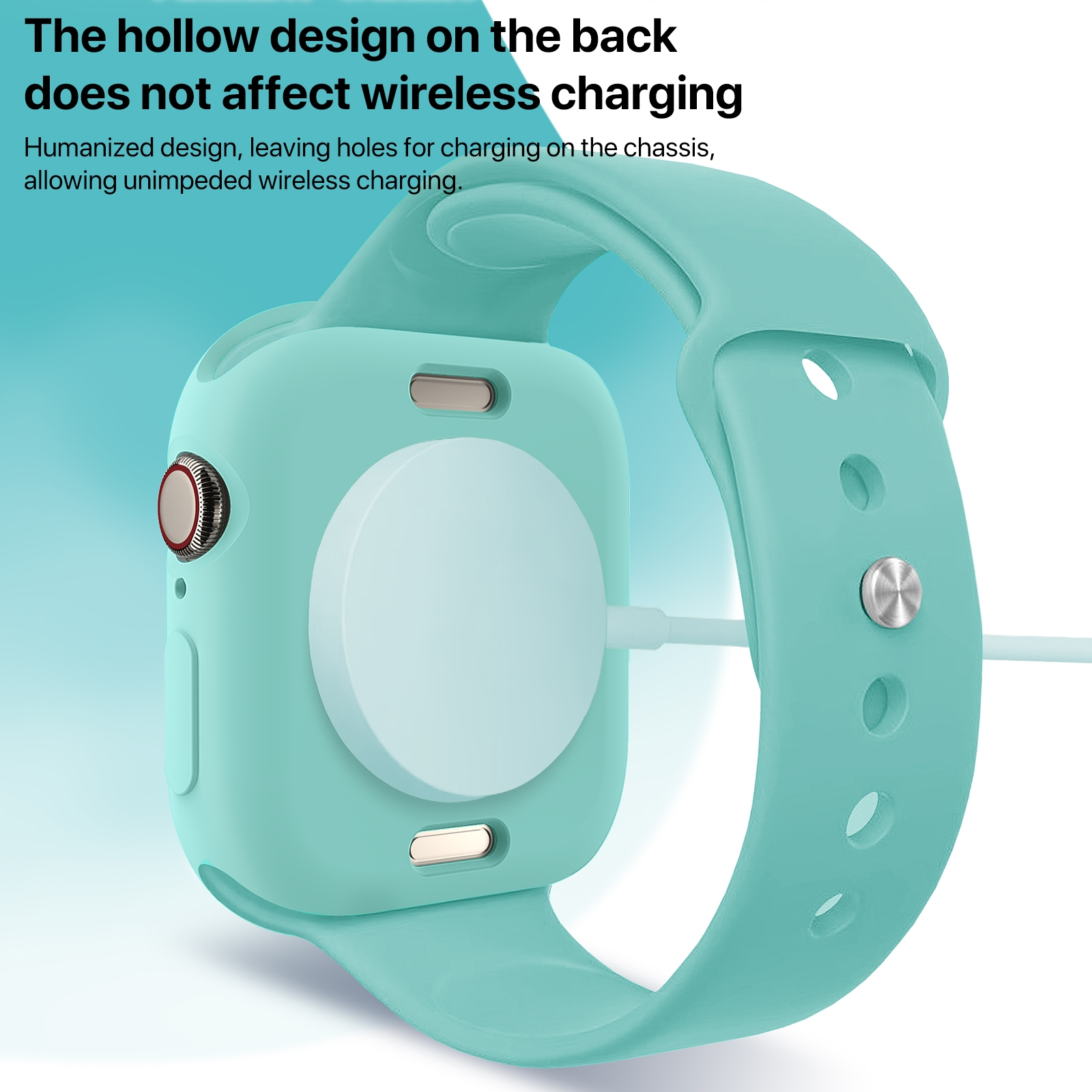 Eine mintgrüne Smartwatch-Hülle mit kabellosem Ladegerät auf der Rückseite vor blauem Hintergrund.