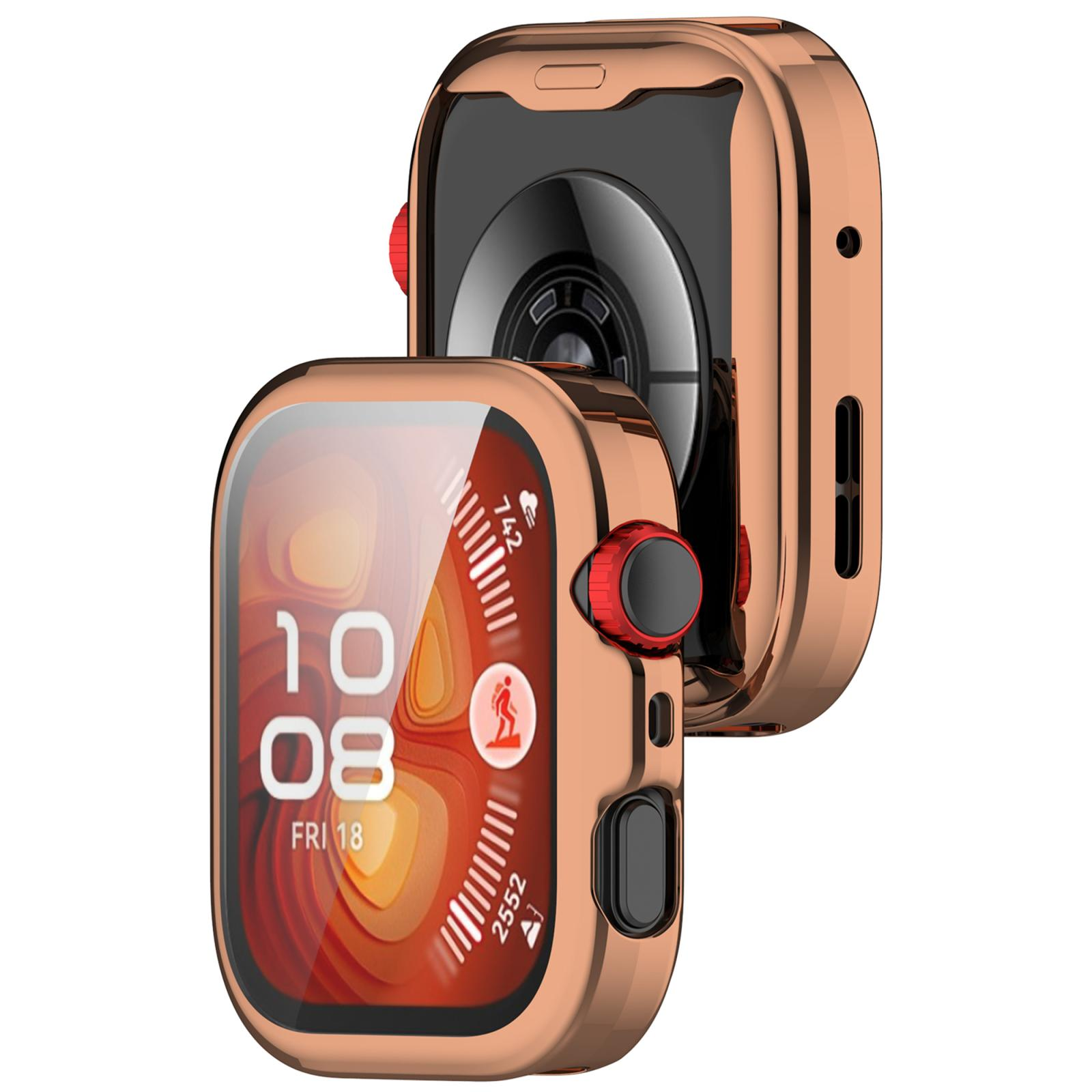 Glänzendes roségoldenes Smartwatch-Gehäuse mit Display und roten Akzenten.